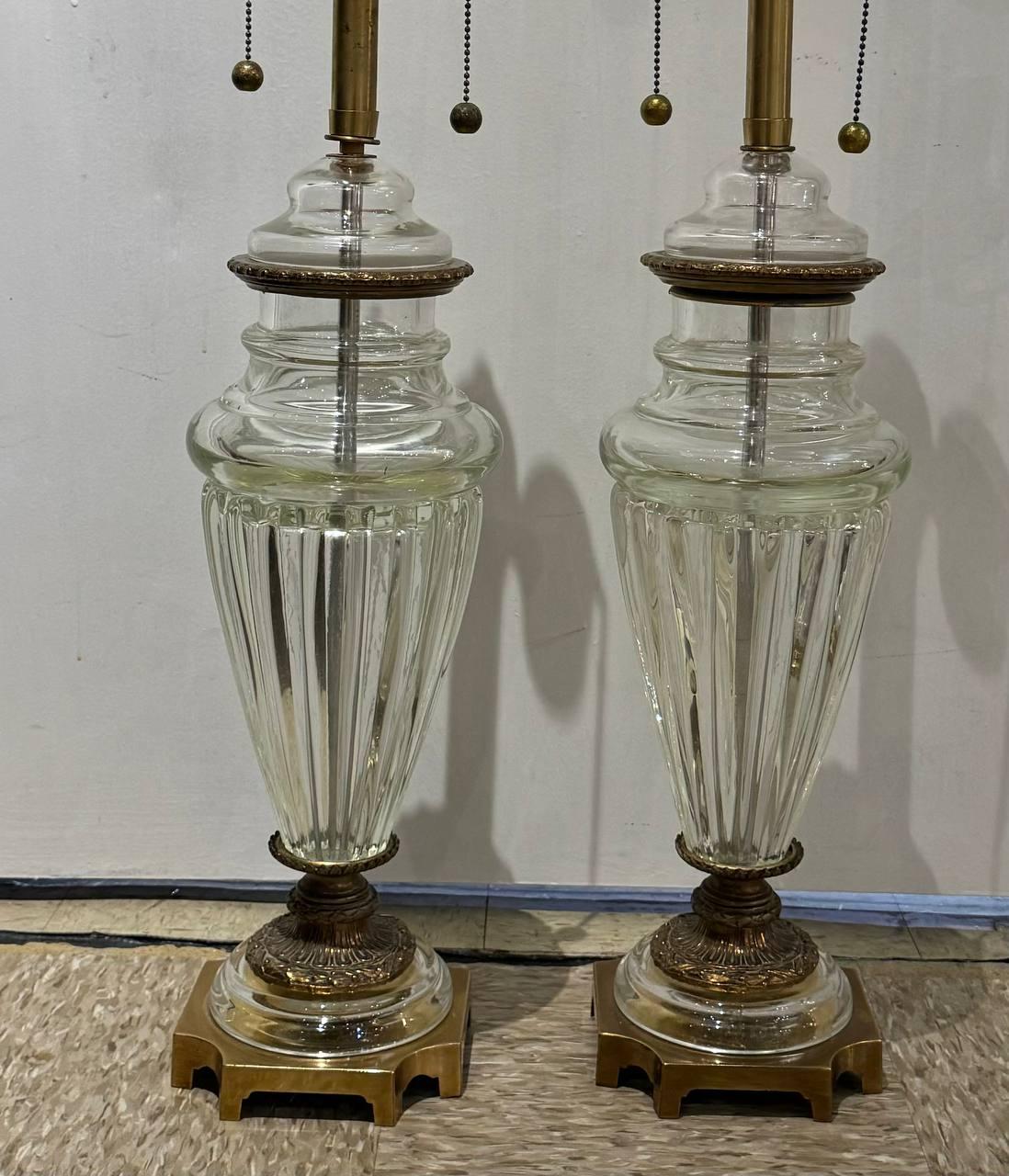 pair of circa 1940's French cut glass crystal table lamps with unusual molded design