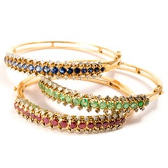 1940 Diamond Sapphire Emerald 18K Gold Stacking Bangles Bracelet