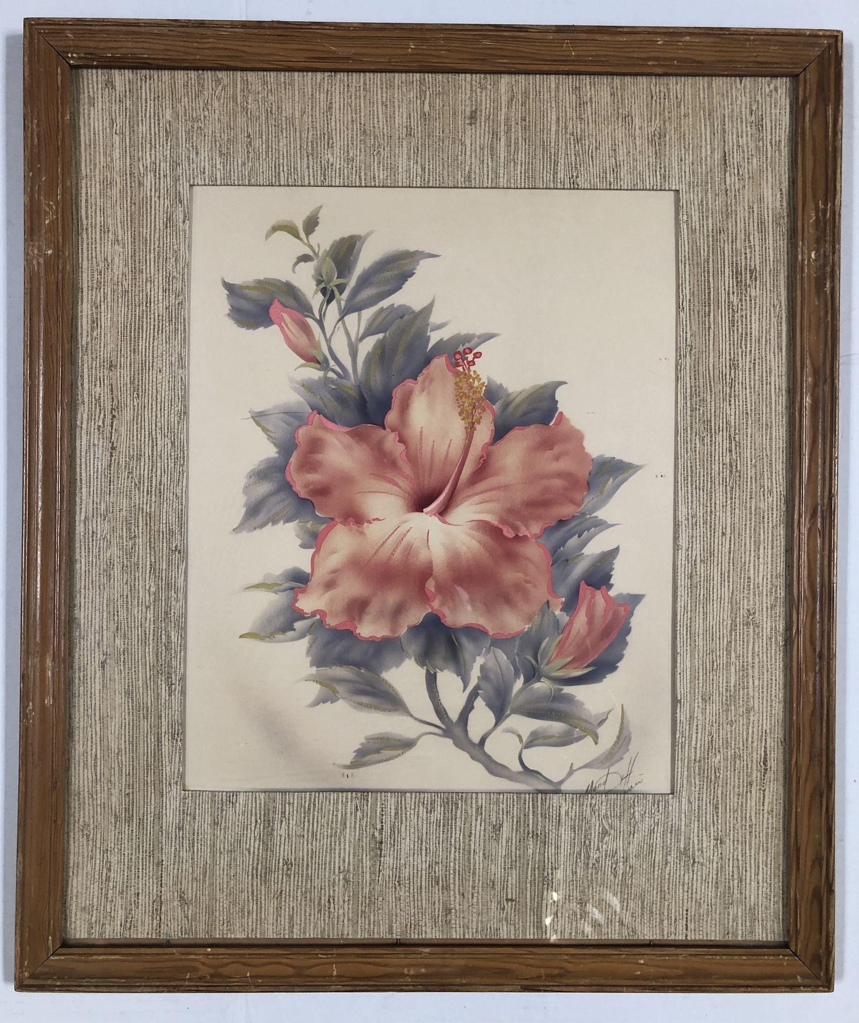 This set of 2 1940s original airbrush artwork paintings of Hibiscus florals by Ted Mundorff. One is yellow and one is red. Both pieces have in their original grass mat picture frames.

A great addition to your art wall collection.

Both frames