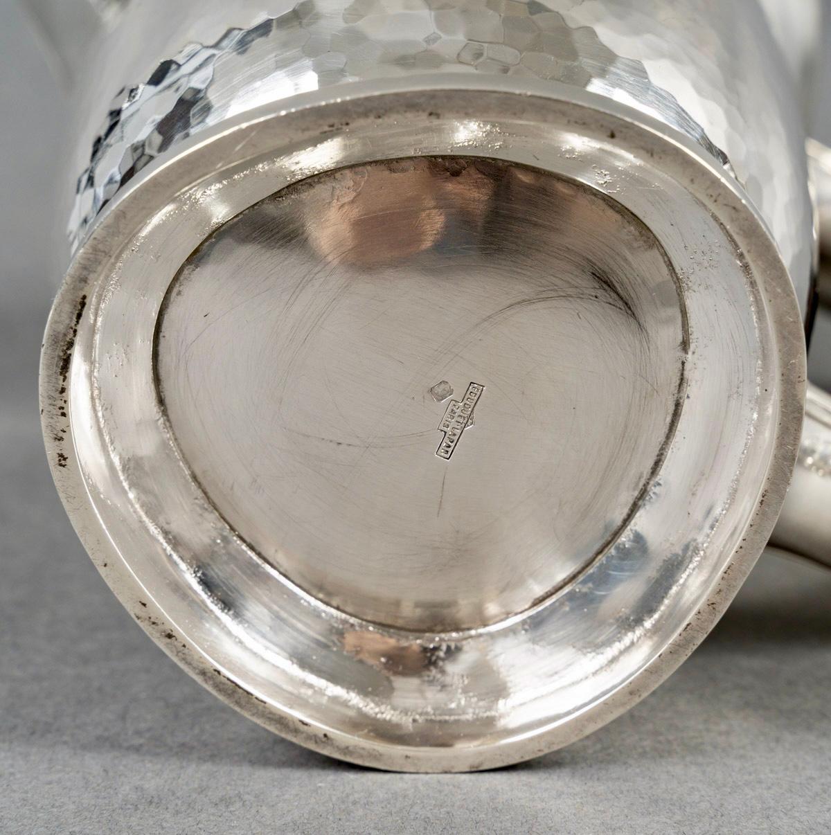 1940 Fouquet Lapar Art Deco Tee-Kaffee-Set Gehämmertes Sterling Silber Palisanderholz im Angebot 3