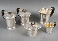 1940 Fouquet Lapar Art Deco Tea Coffee Set Hammered Sterling Silver Rosewood