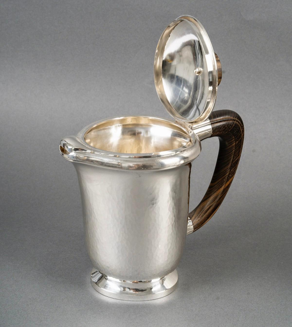 1940 Fouquet Lapar Art Deco Tee-Kaffee-Set Gehämmertes Sterling Silber Palisanderholz (Art déco) im Angebot
