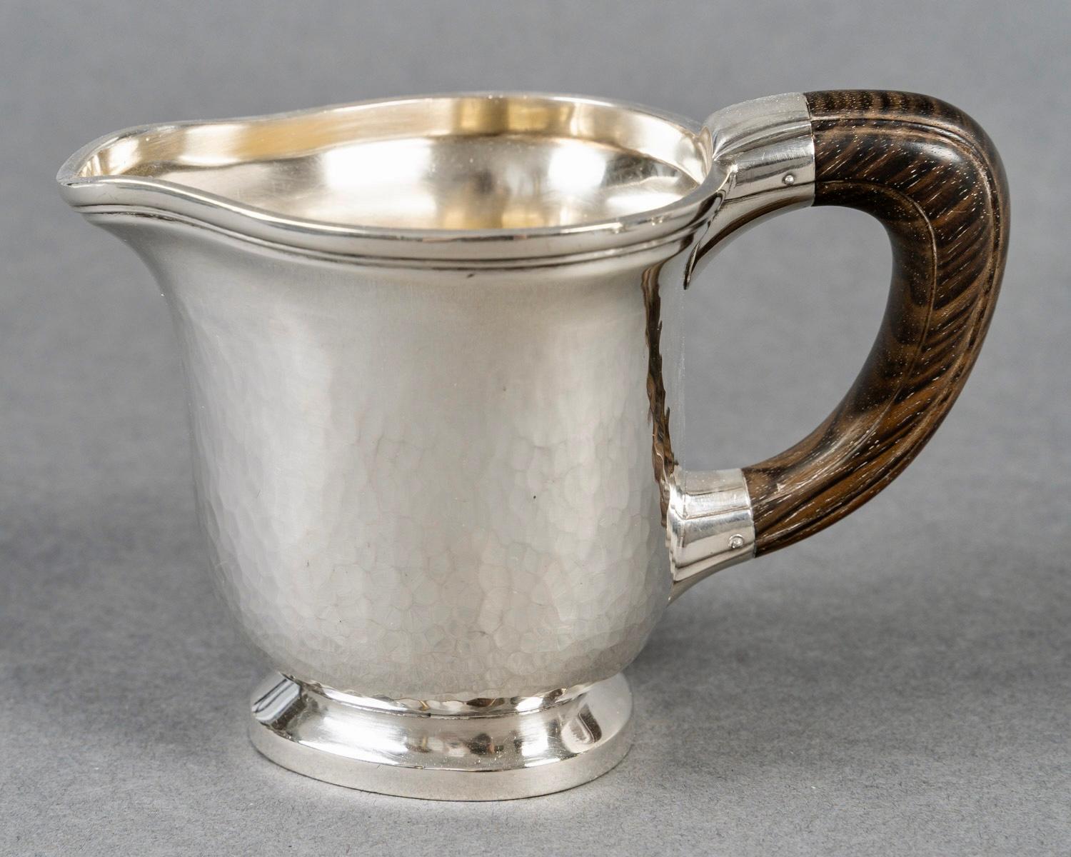 1940 Fouquet Lapar Art Deco Tee-Kaffee-Set Gehämmertes Sterling Silber Palisanderholz (Mitte des 20. Jahrhunderts) im Angebot
