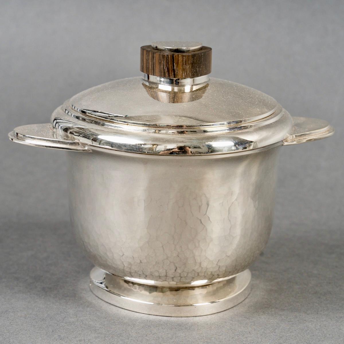 1940 Fouquet Lapar Art Deco Tee-Kaffee-Set Gehämmertes Sterling Silber Palisanderholz (Sterlingsilber) im Angebot