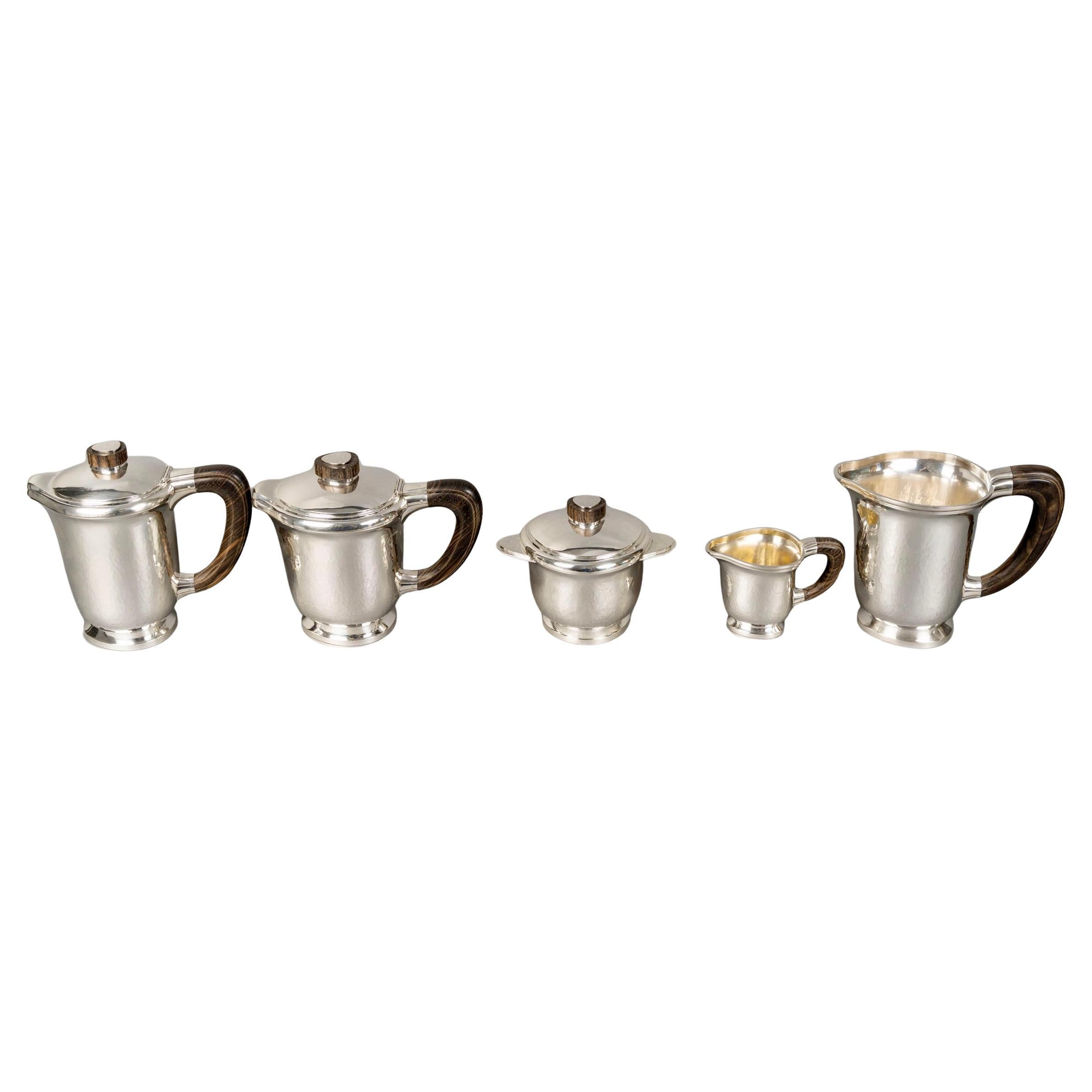 1940 Fouquet Lapar Art Deco Tea Coffee Set Hammered Sterling Silver Rosewood