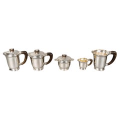 1940 Fouquet Lapar Art Deco Set da tè e caffè in argento martellato e palissandro