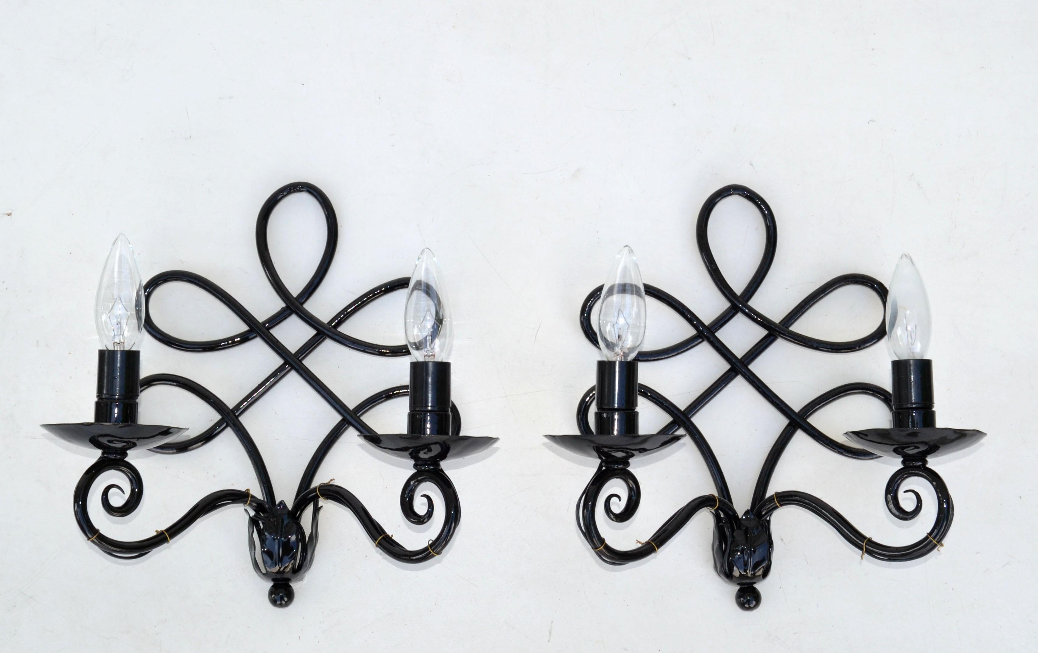 1940 French 2 Lights Wrought Iron Wall Sconces Black Gloss Finish Art Deco, Pair 6