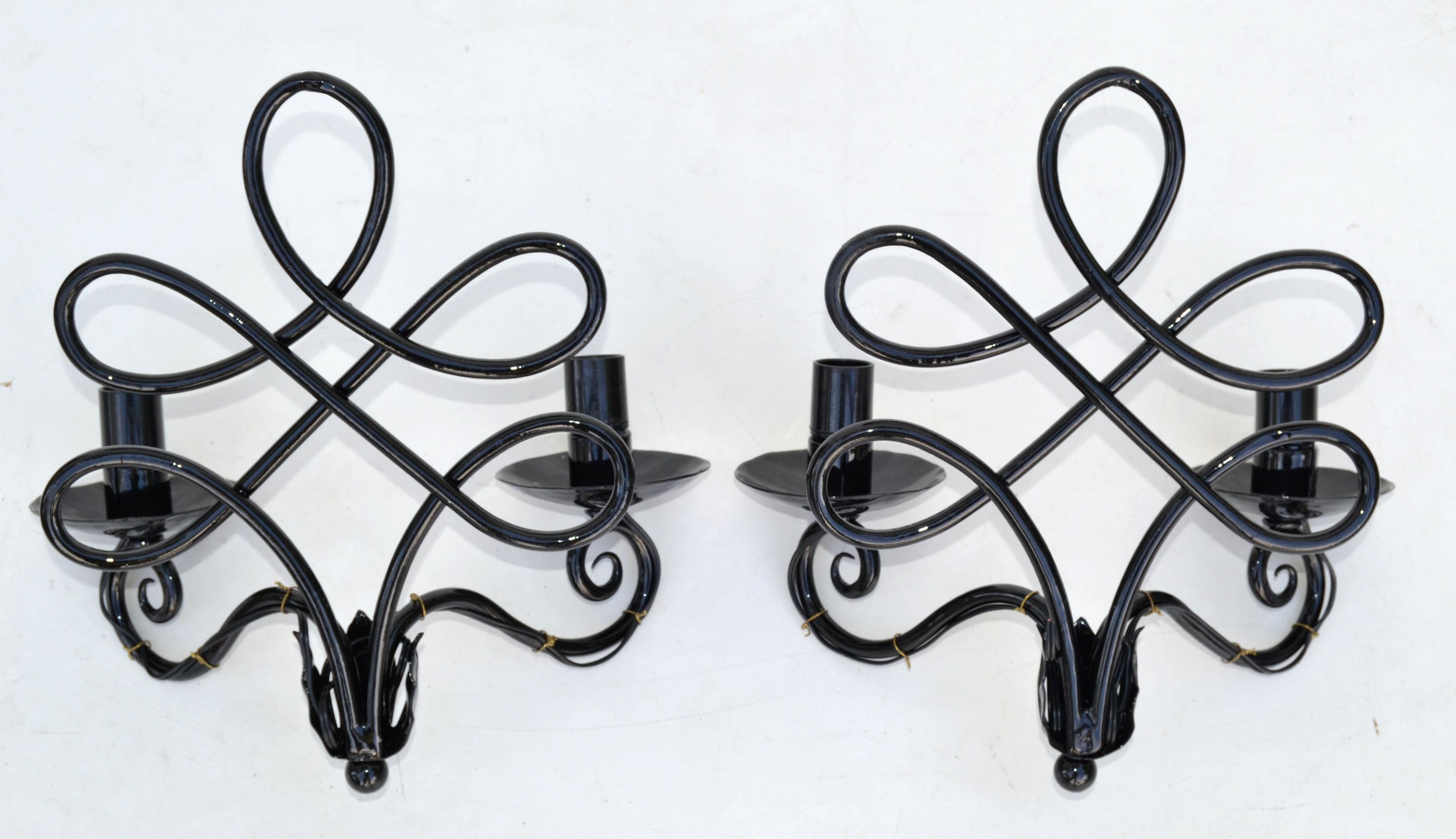 1940 French 2 Lights Wrought Iron Wall Sconces Black Gloss Finish Art Deco, Pair 7