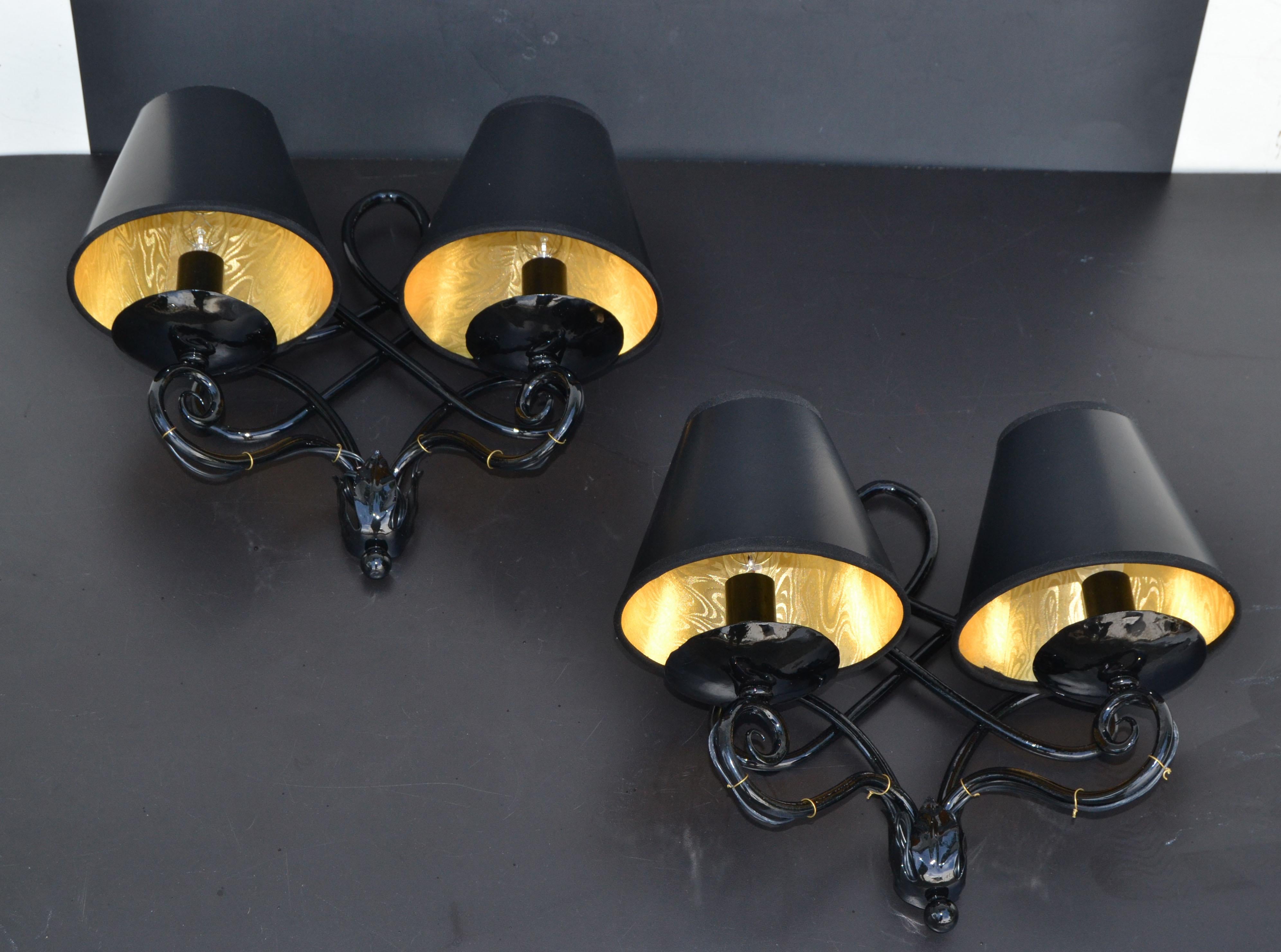 1940 French 2 Lights Wrought Iron Wall Sconces Black Gloss Finish Art Deco, Pair 8