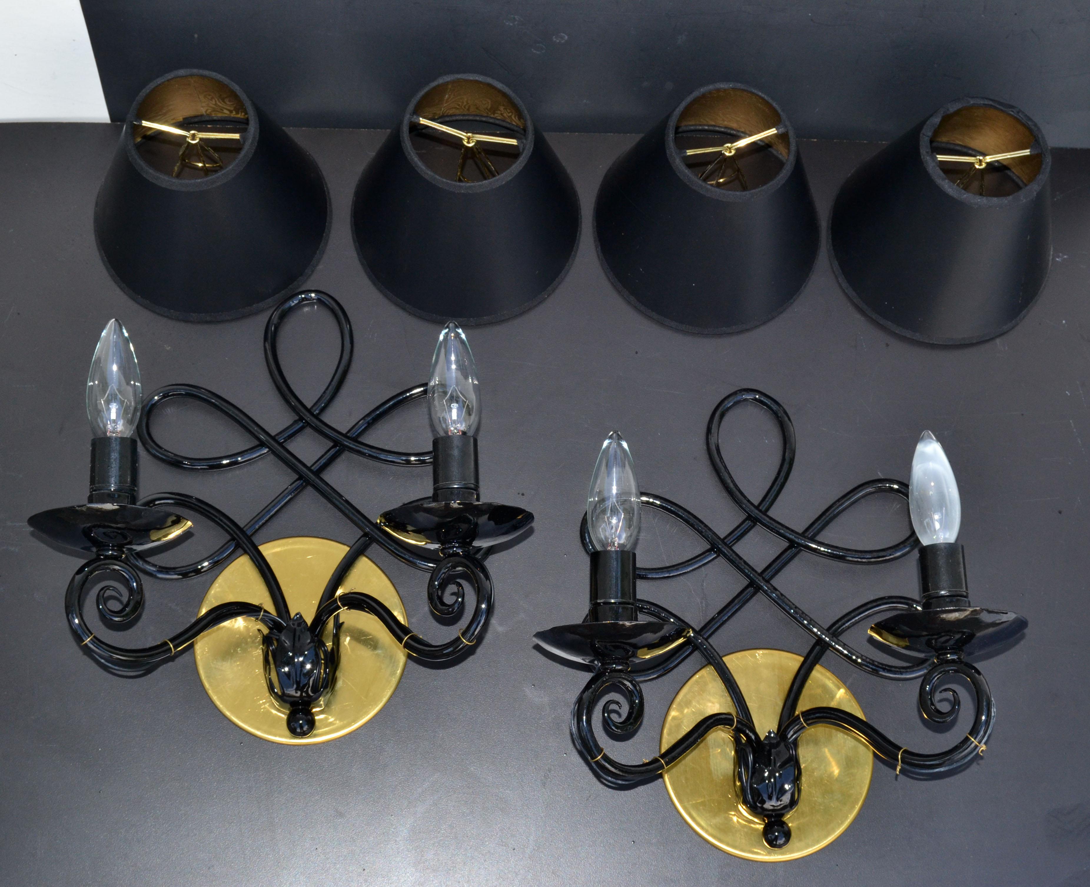 1940 French 2 Lights Wrought Iron Wall Sconces Black Gloss Finish Art Deco, Pair 9