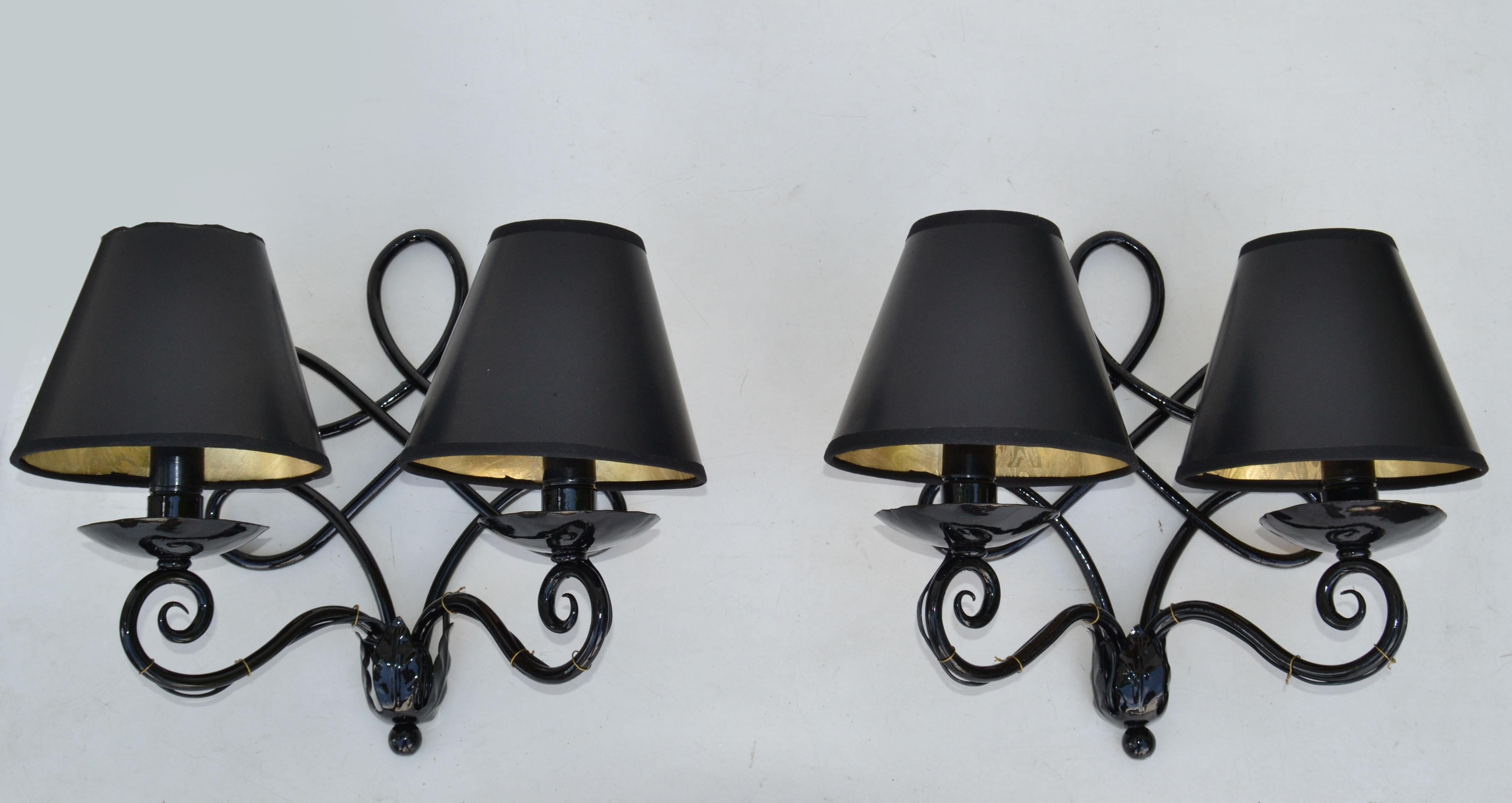 1940 French 2 Lights Wrought Iron Wall Sconces Black Gloss Finish Art Deco, Pair 10