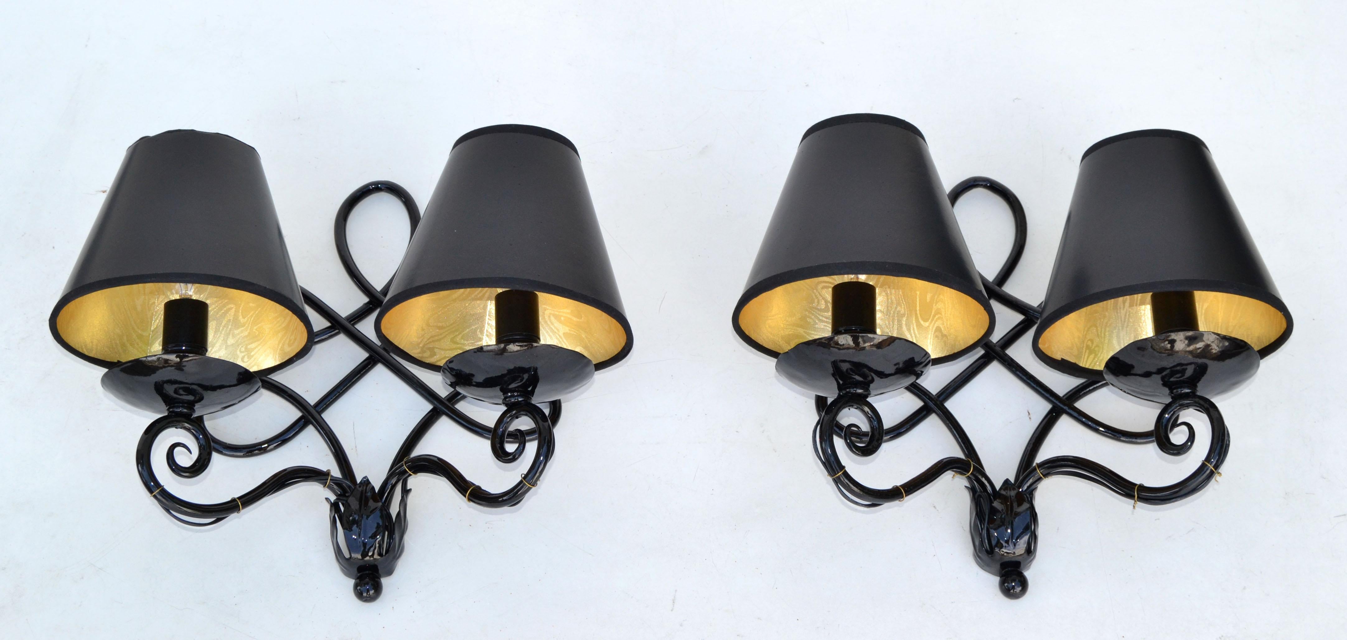 Powder-Coated 1940 French 2 Lights Wrought Iron Wall Sconces Black Gloss Finish Art Deco, Pair