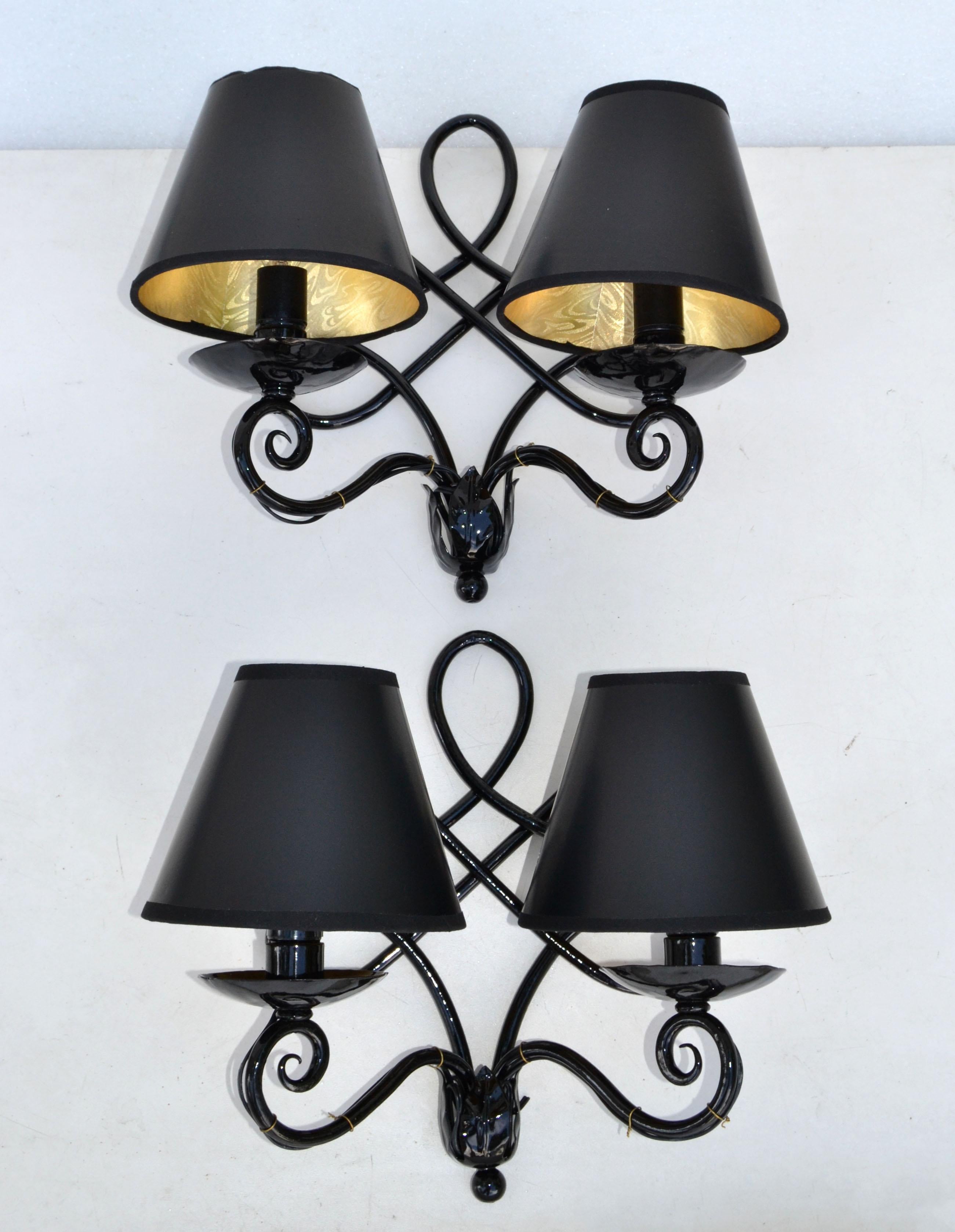 1940 French 2 Lights Wrought Iron Wall Sconces Black Gloss Finish Art Deco, Pair In Excellent Condition In Miami, FL