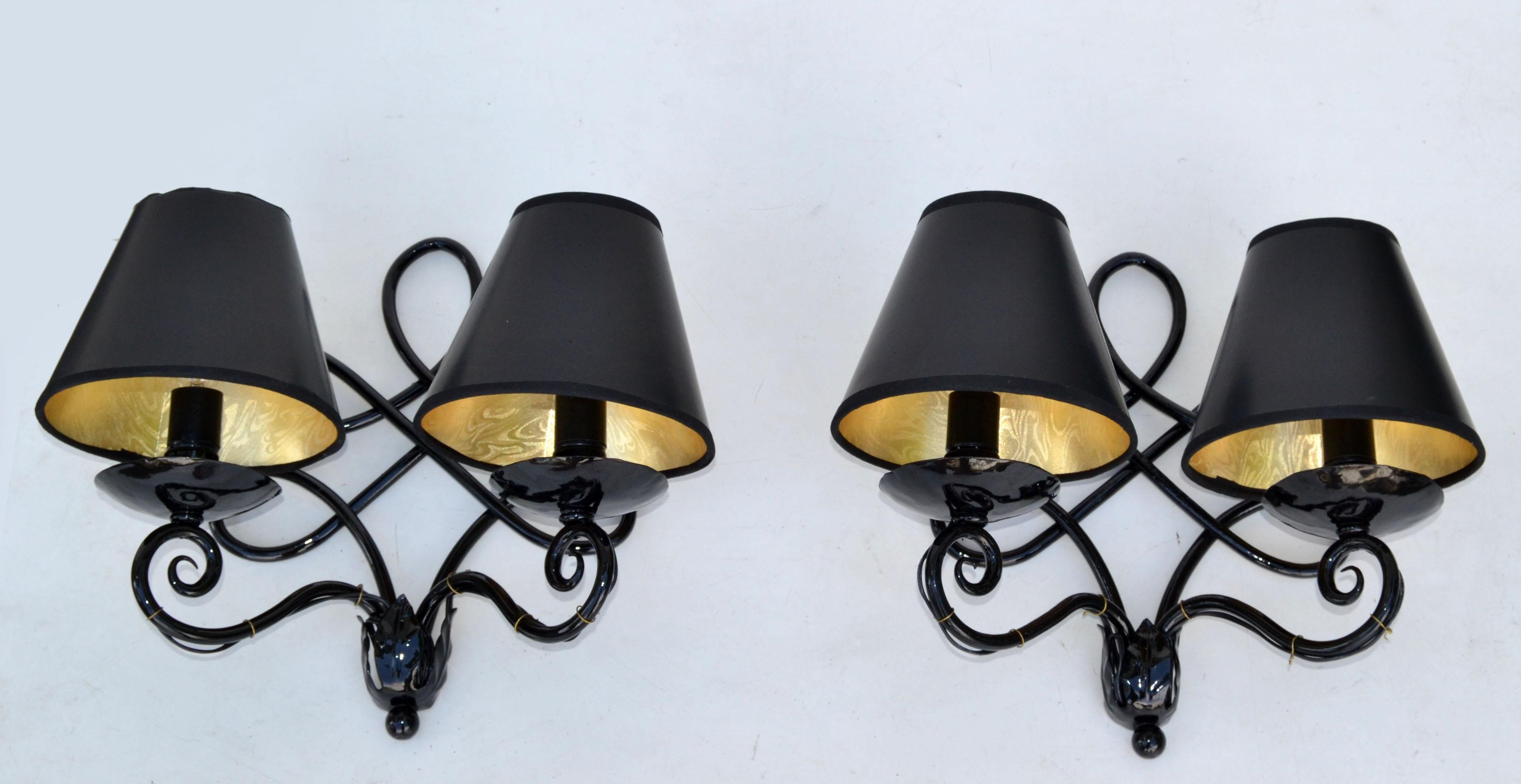 Mid-20th Century 1940 French 2 Lights Wrought Iron Wall Sconces Black Gloss Finish Art Deco, Pair