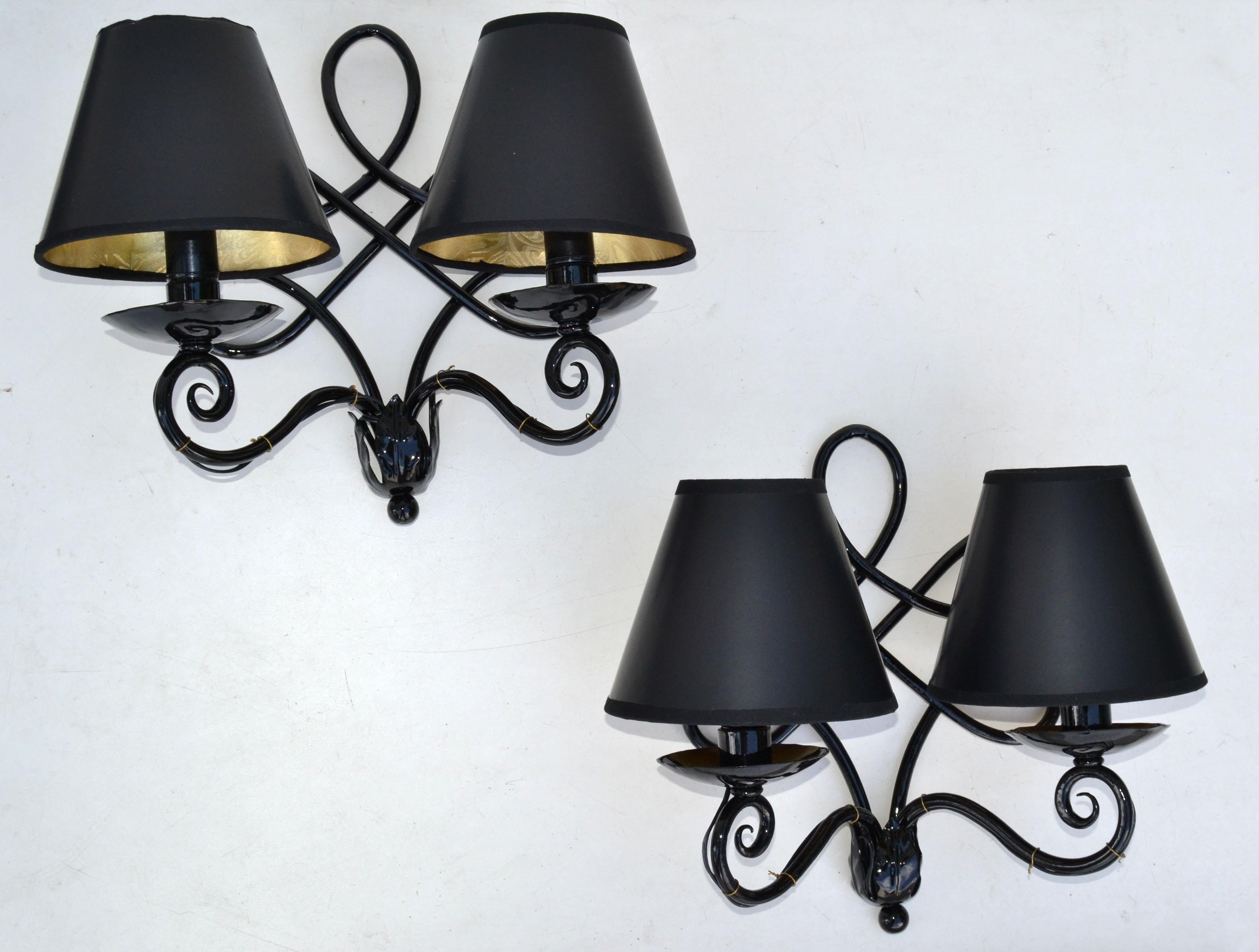 1940 French 2 Lights Wrought Iron Wall Sconces Black Gloss Finish Art Deco, Pair 1