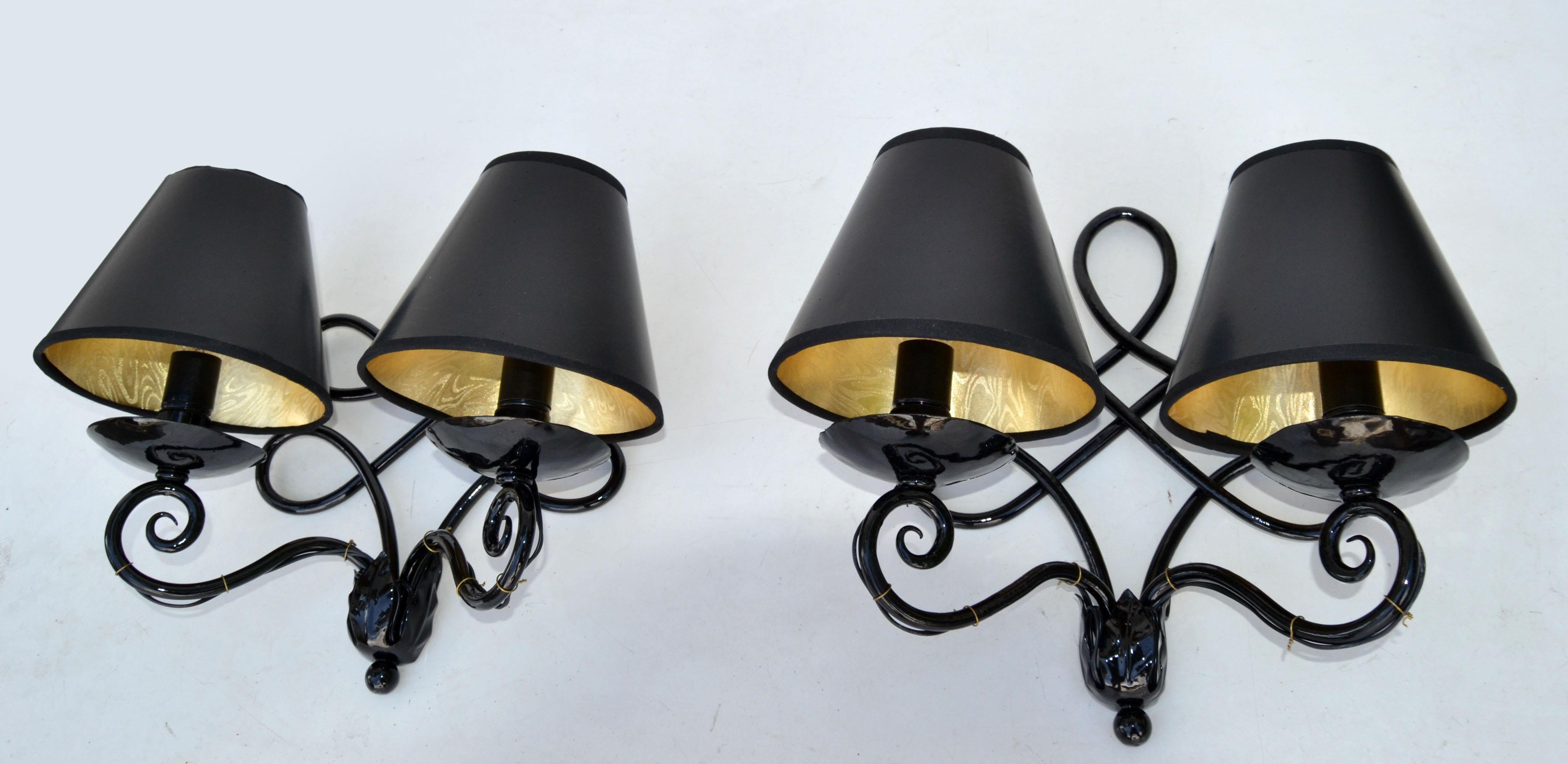 1940 French 2 Lights Wrought Iron Wall Sconces Black Gloss Finish Art Deco, Pair 2