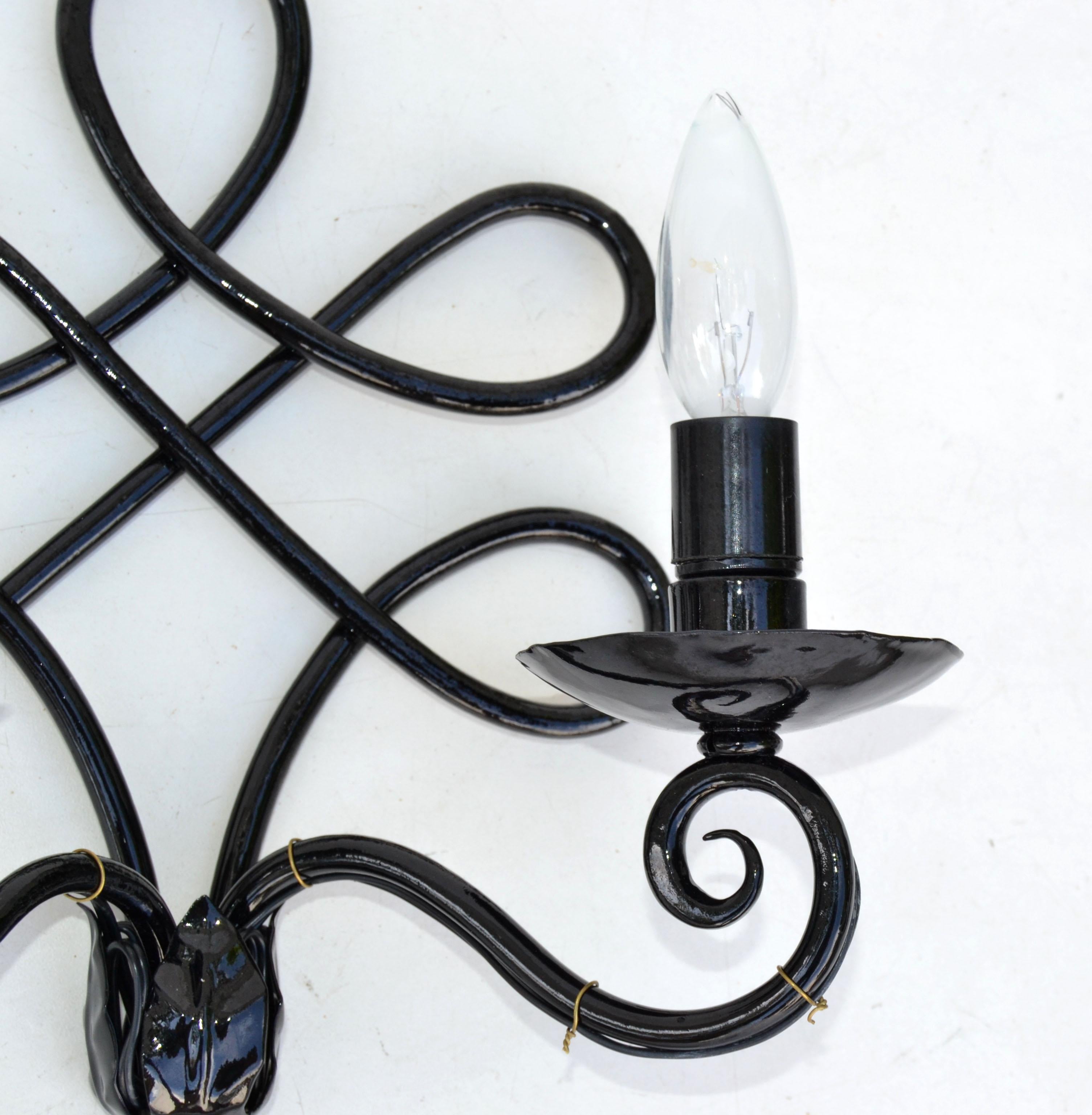 1940 French 2 Lights Wrought Iron Wall Sconces Black Gloss Finish Art Deco, Pair 3