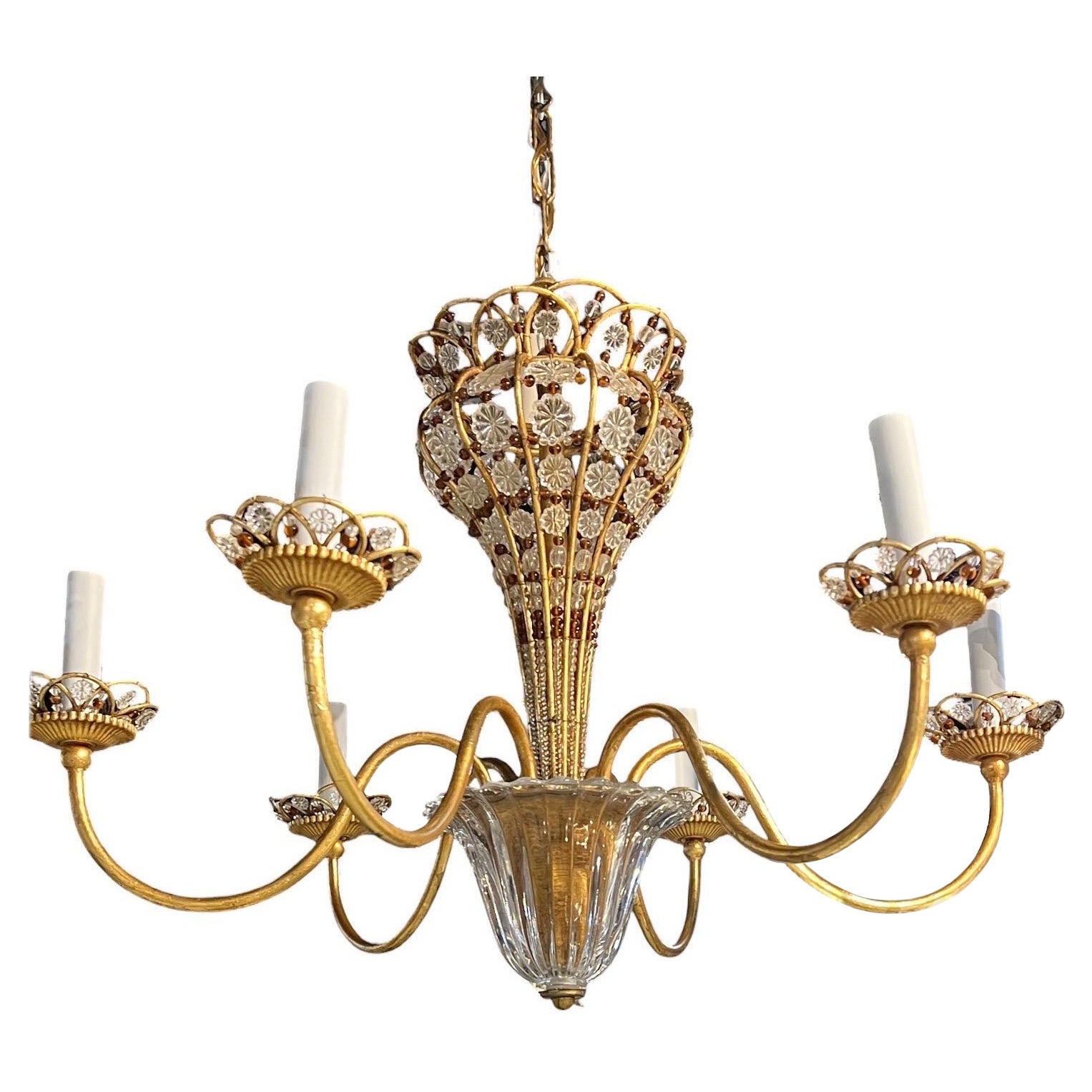 1940 French Bagues Gold Leaf Metal Chandelier 6 Lights