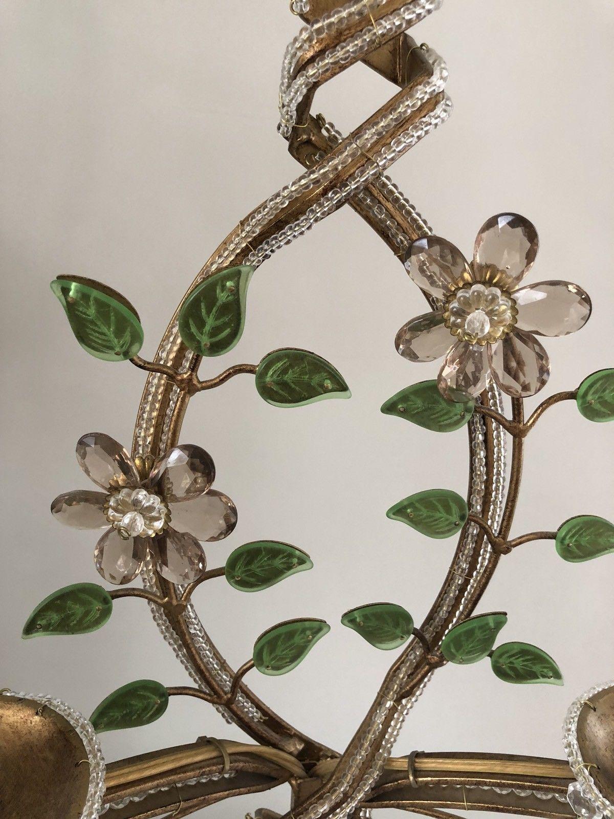 1940 French Hollywood Regency Gilt Metal Crystal Floral Table Lamps Attr Bagues For Sale 6