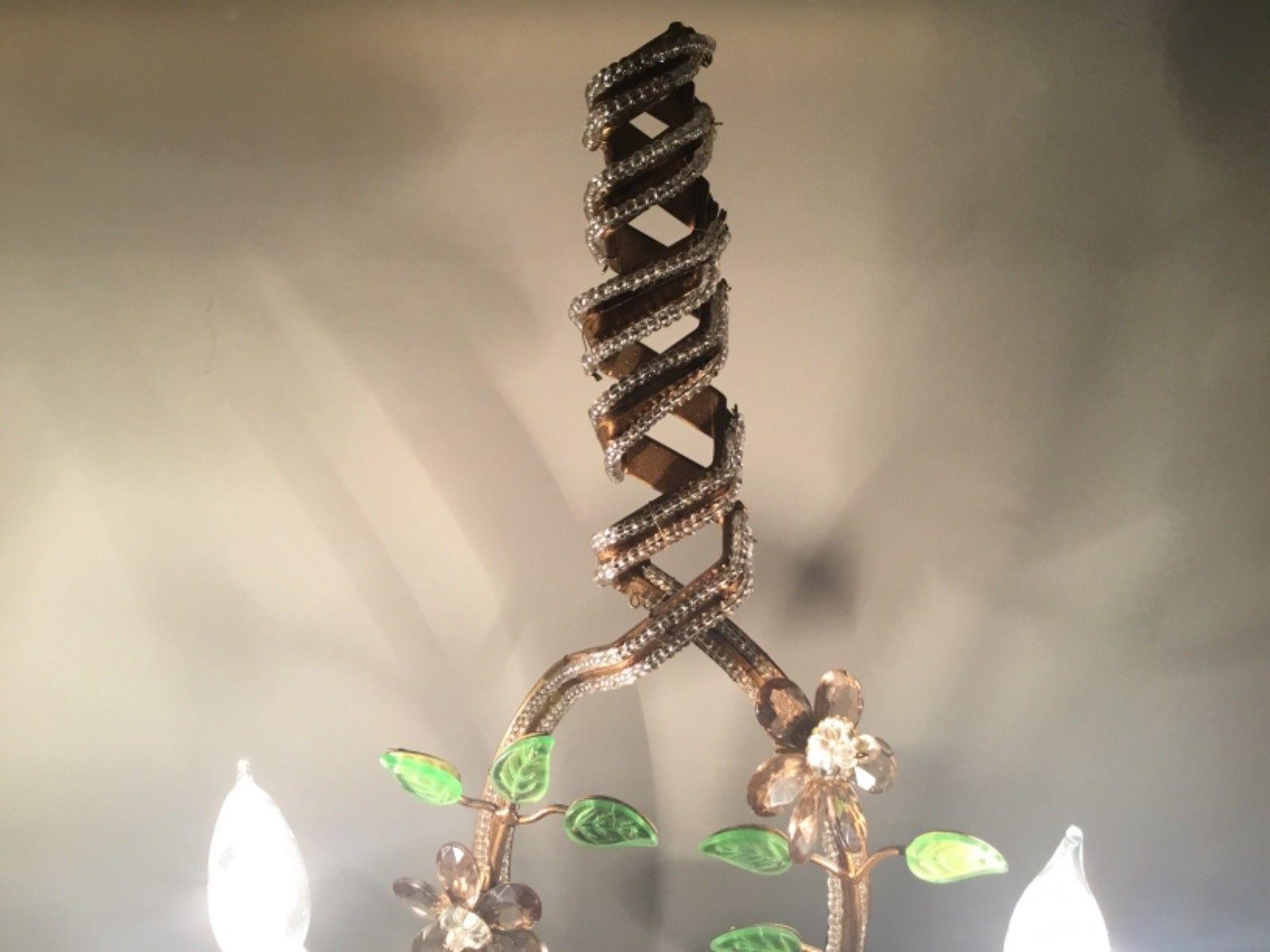 Mid-20th Century 1940 French Hollywood Regency Gilt Metal Crystal Floral Table Lamps Attr Bagues For Sale