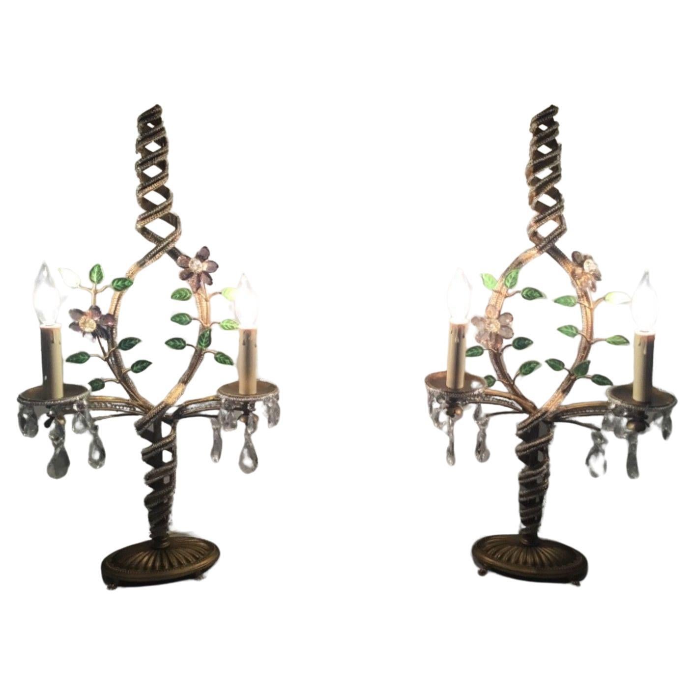 1940 French Hollywood Regency Gilt Metal Crystal Floral Table Lamps Attr Bagues  For Sale