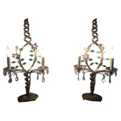 Lampes de table florales en métal doré et cristal Hollywood Regency attribuées à Bagues, 1940 