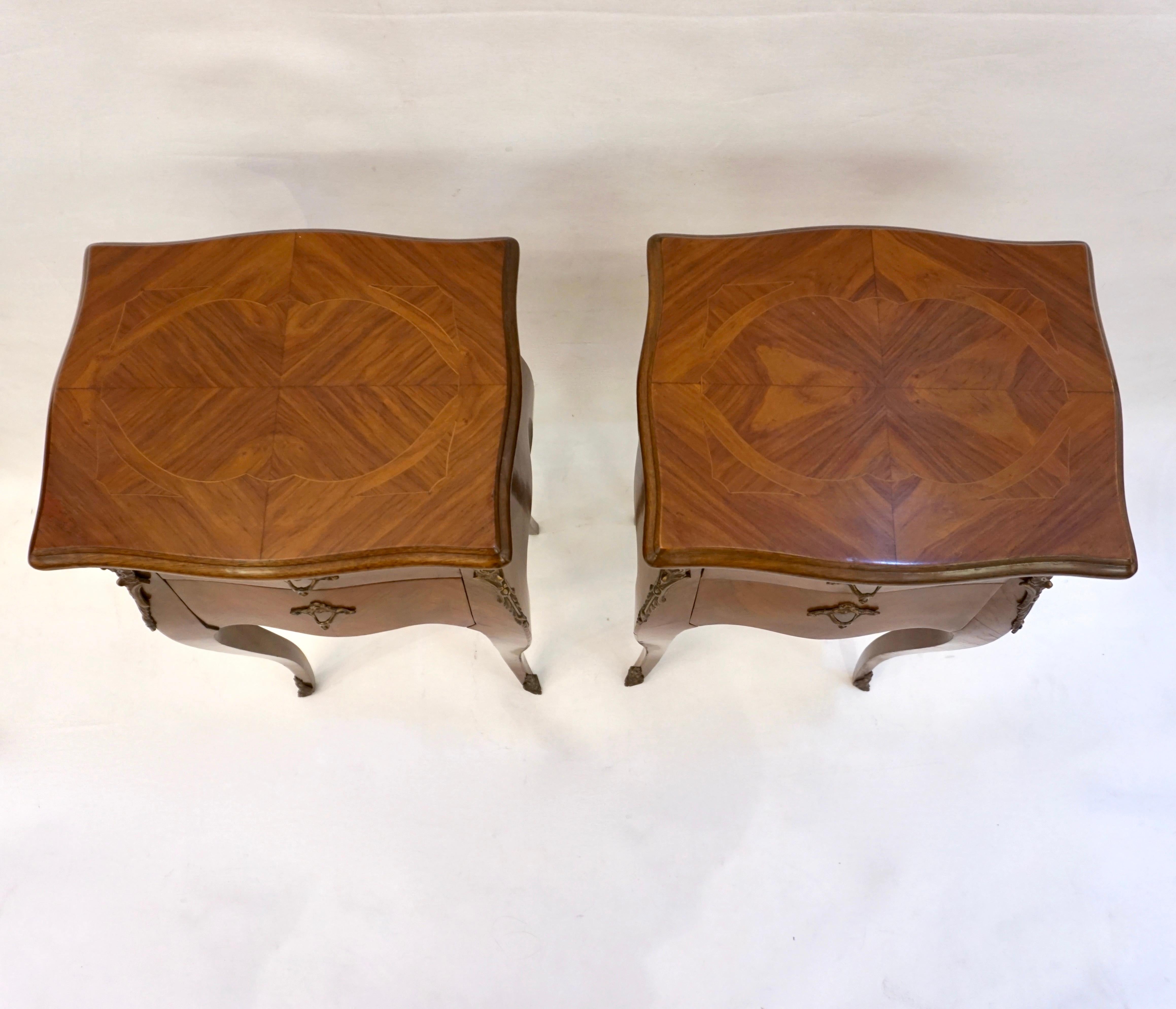 Cast 1940 French Louis XV Revival Pair of Inlaid Rosewood Walnut 2-Drawer Side Tables