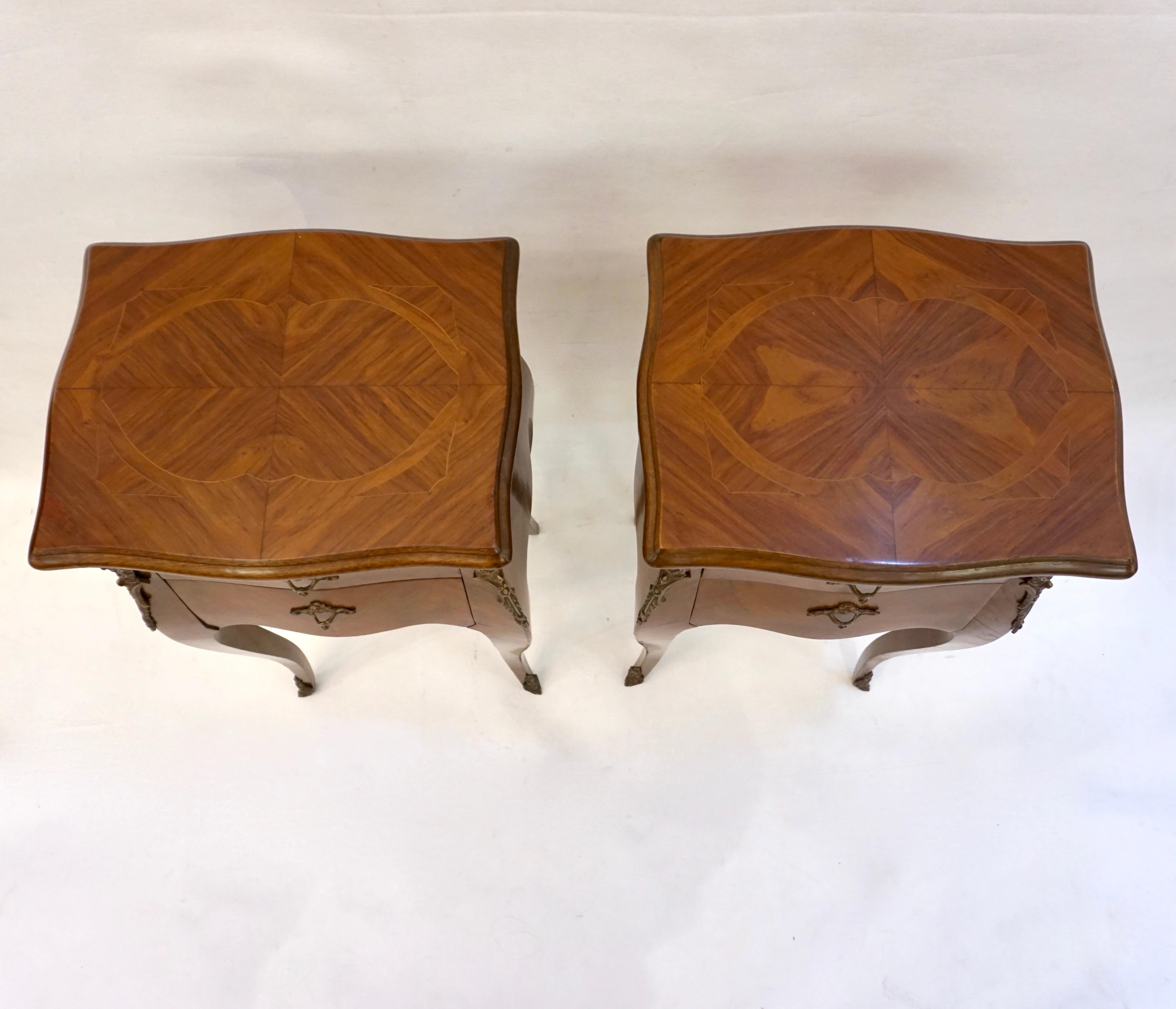Gilt 1940 French Louis XV Revival Pair of Inlaid Rosewood Walnut 2-Drawer Side Tables