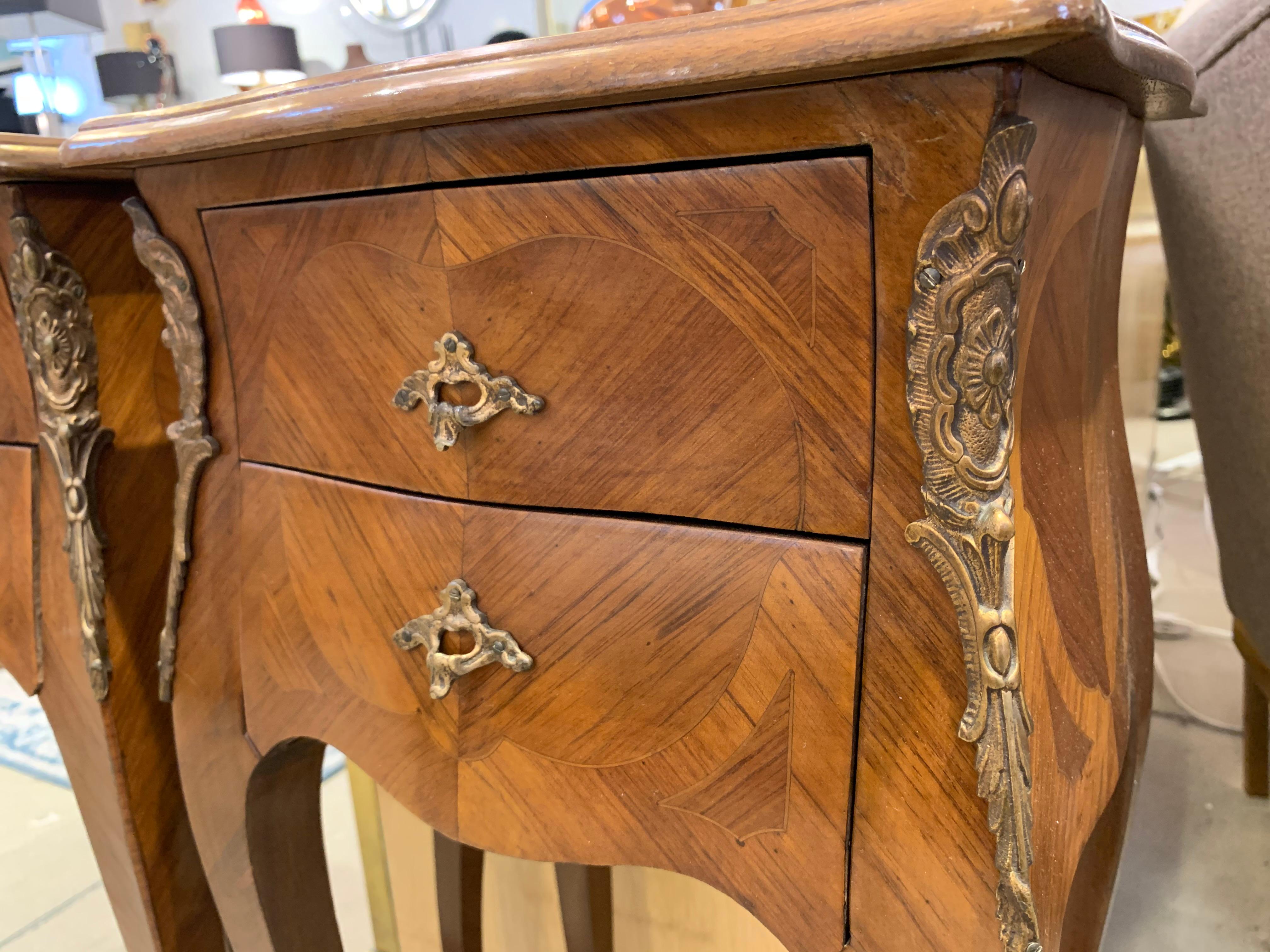 20th Century 1940 French Louis XV Revival Pair of Inlaid Rosewood Walnut 2-Drawer Side Tables