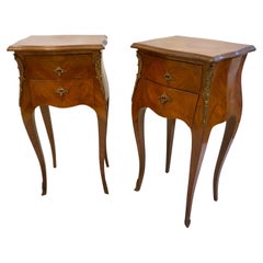 Vintage 1940 French Louis XV Revival Pair of Inlaid Rosewood Walnut 2-Drawer Side Tables