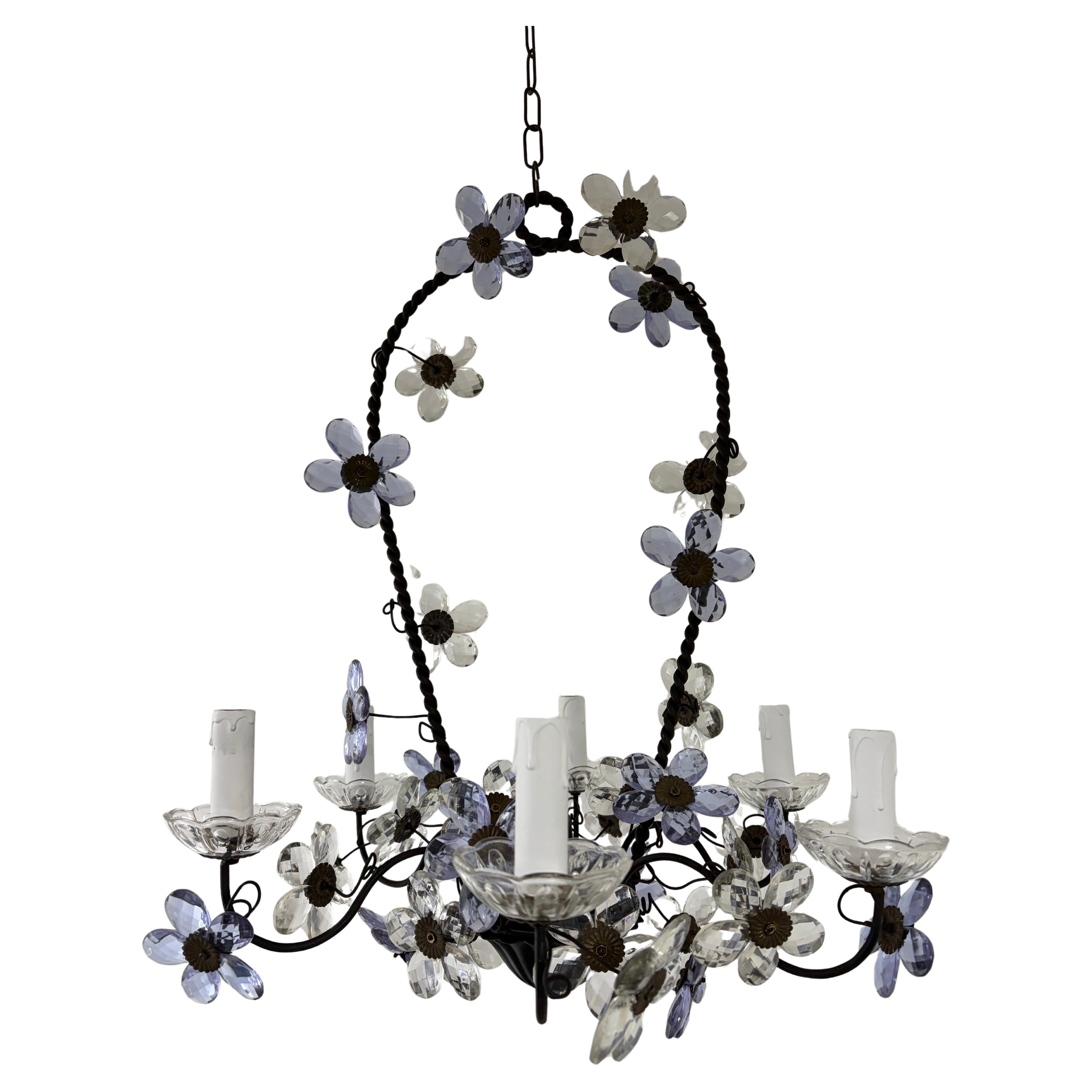 1940 French Maison Bagues Style Lavender Flower Prisms Crystal Basket Chandelier For Sale