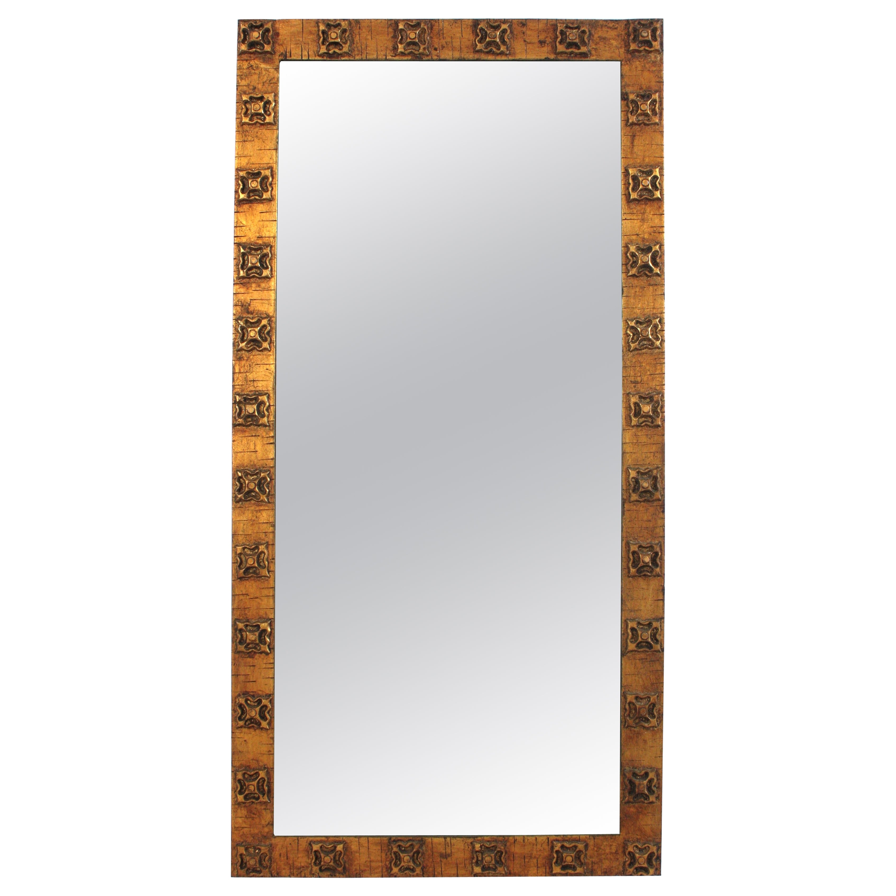 1940 French Rectangular Mirror in Gilt Wrought Iron with Rosette Flowers Frame