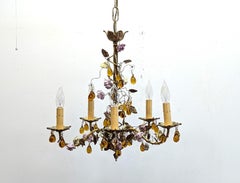 1940 French Tole Bronze with Ceramic Flowers Chandelier