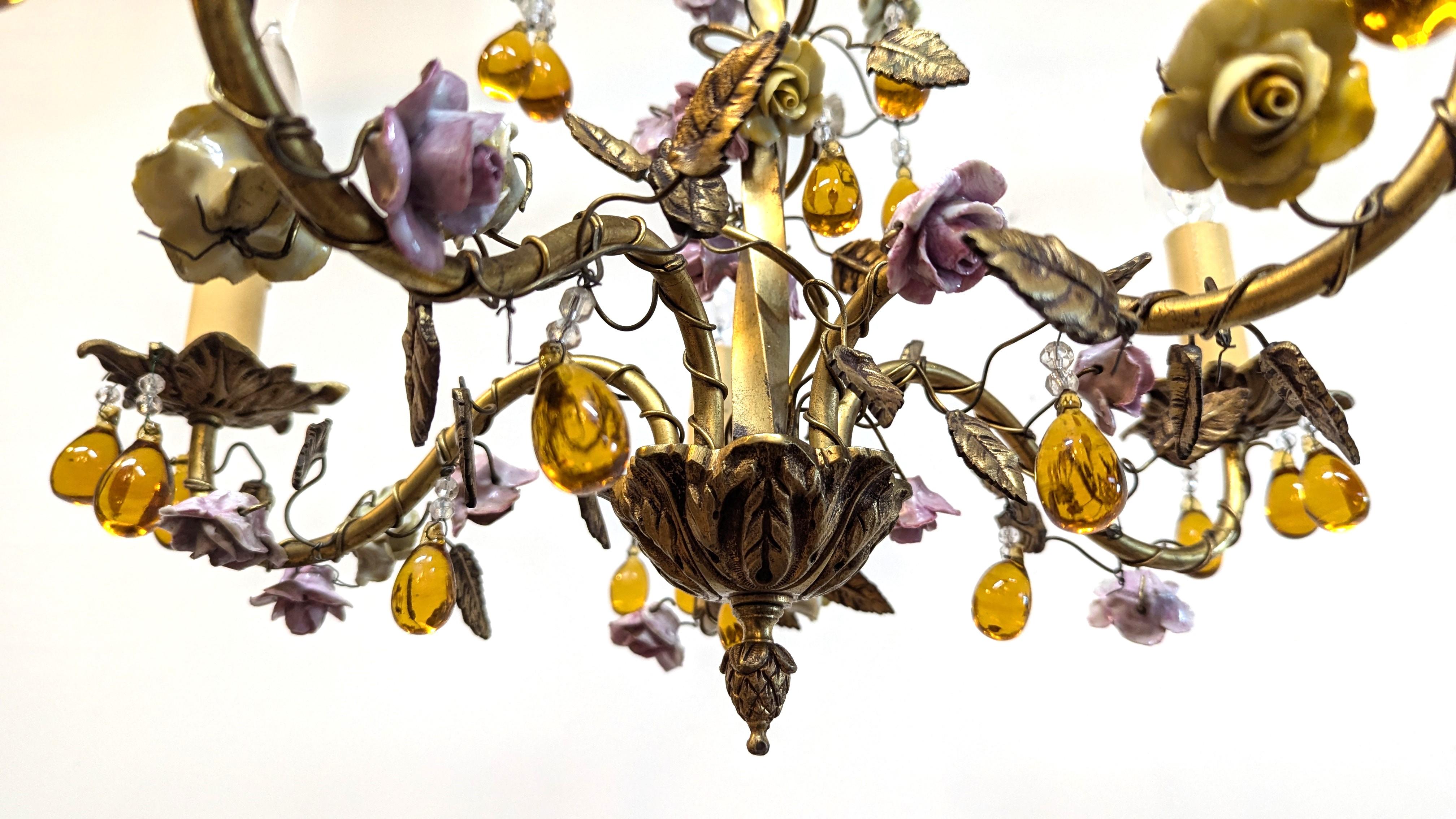 Mid-20th Century 1940 French Tole Bronze with Ceramic Flowers Chandelier For Sale