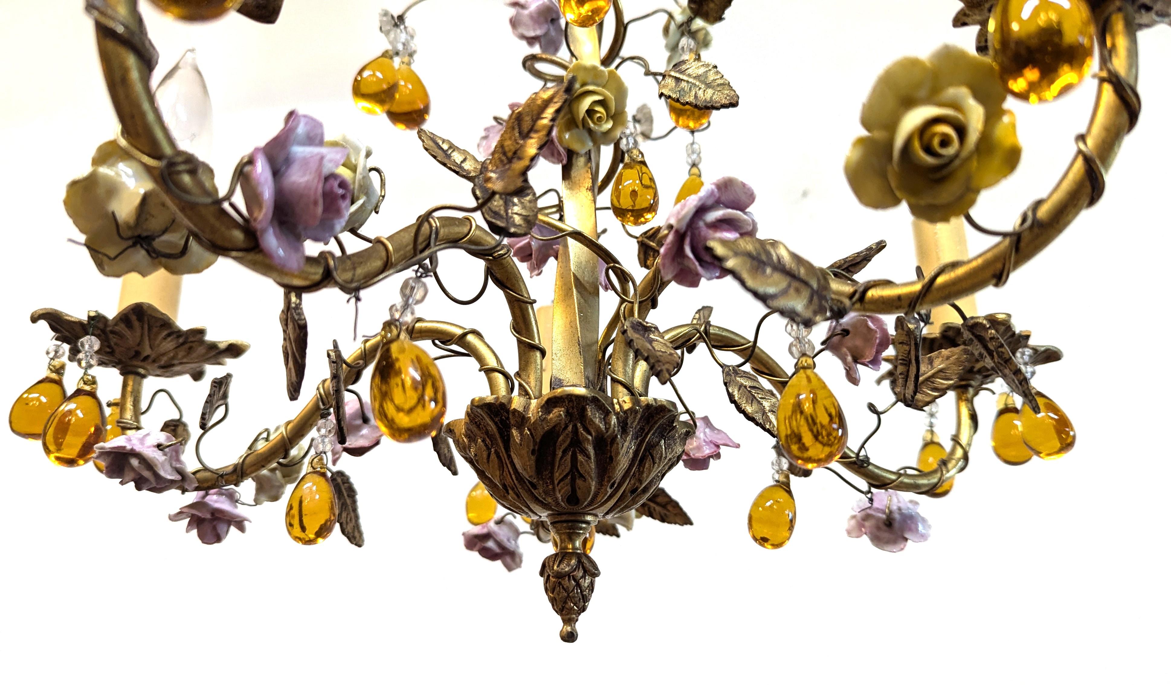 Brass 1940 French Tole Bronze with Ceramic Flowers Chandelier For Sale