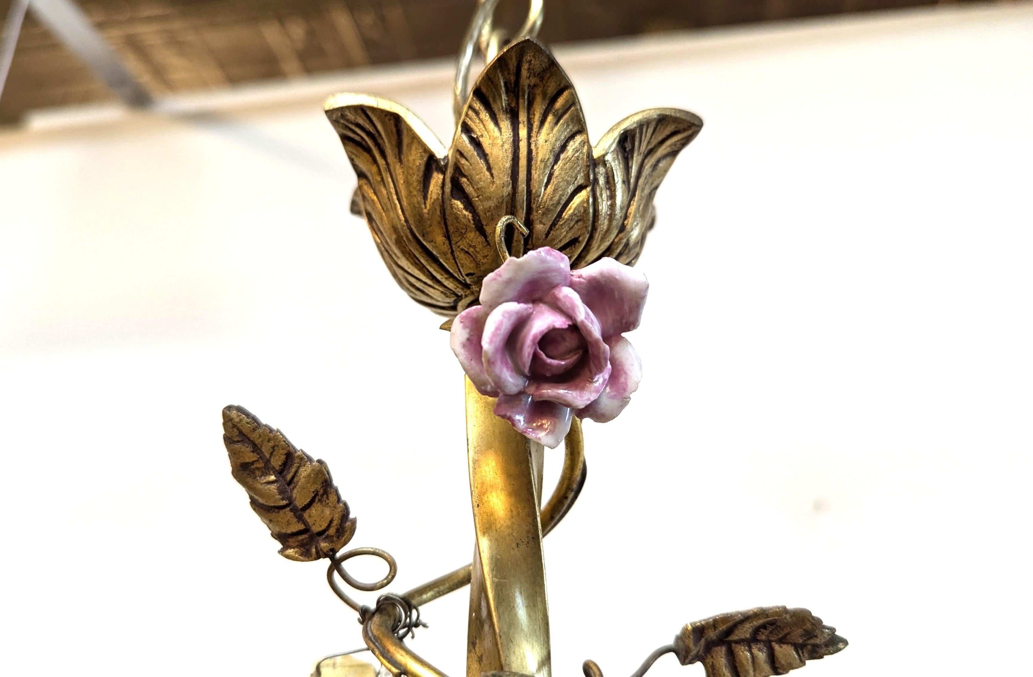 1940 French Tole Bronze with Ceramic Flowers Chandelier For Sale 1