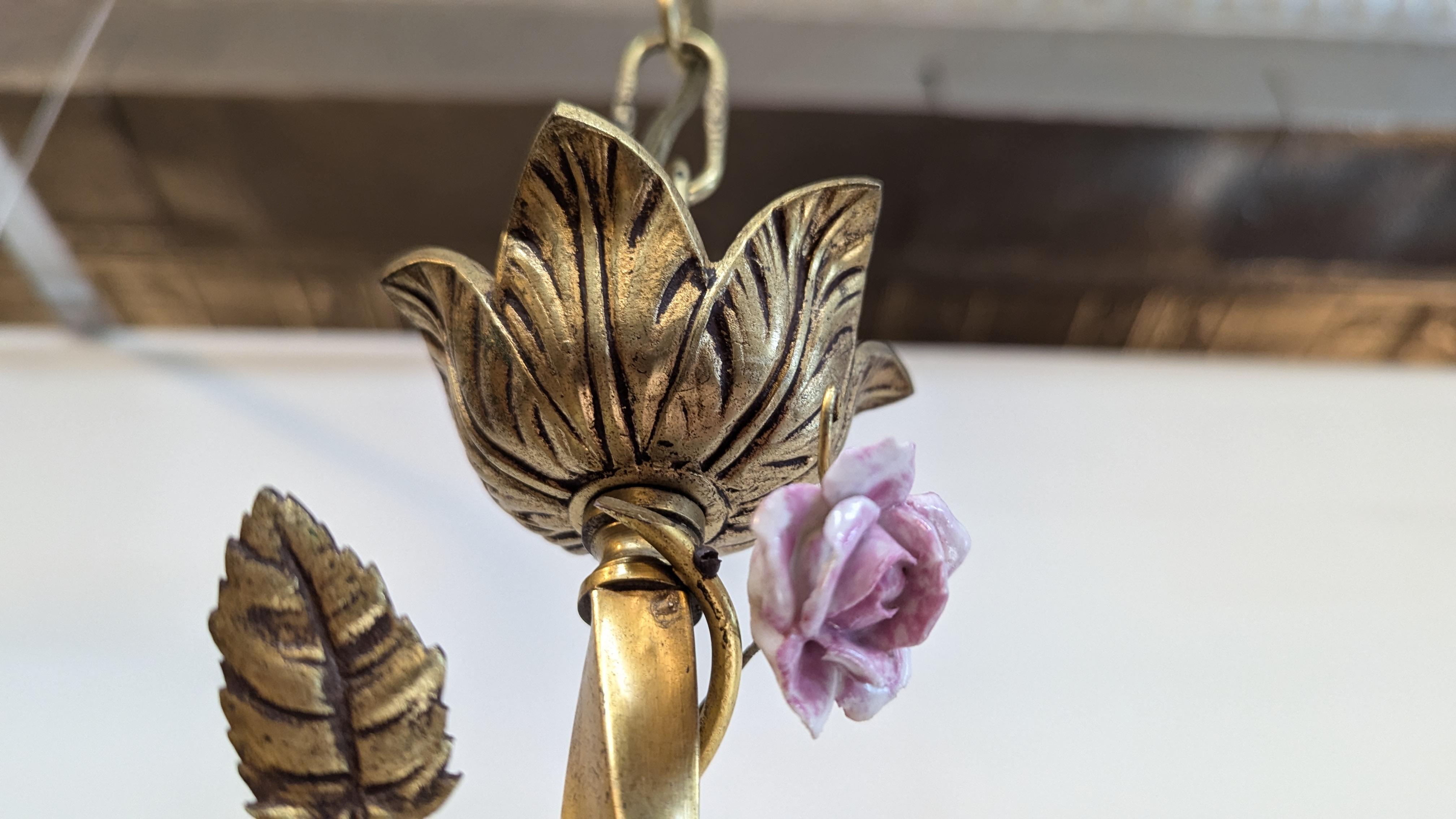1940 French Tole Bronze with Ceramic Flowers Chandelier For Sale 2