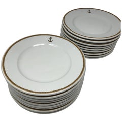 1940 GDA Limoges Plates Set, Gold and Black Rim with an Anchor Shield, France