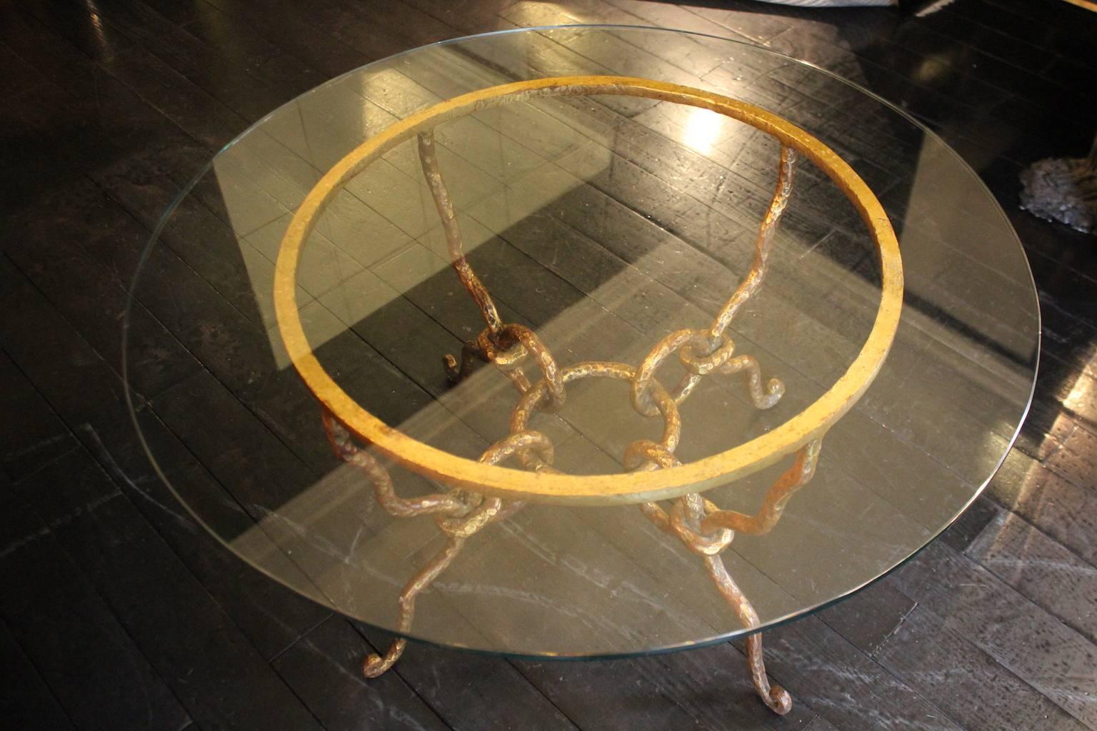 Modern Gold Round Coffee Cocktail Table Hand Forged Iron Transparent Glass Top, 1940 For Sale