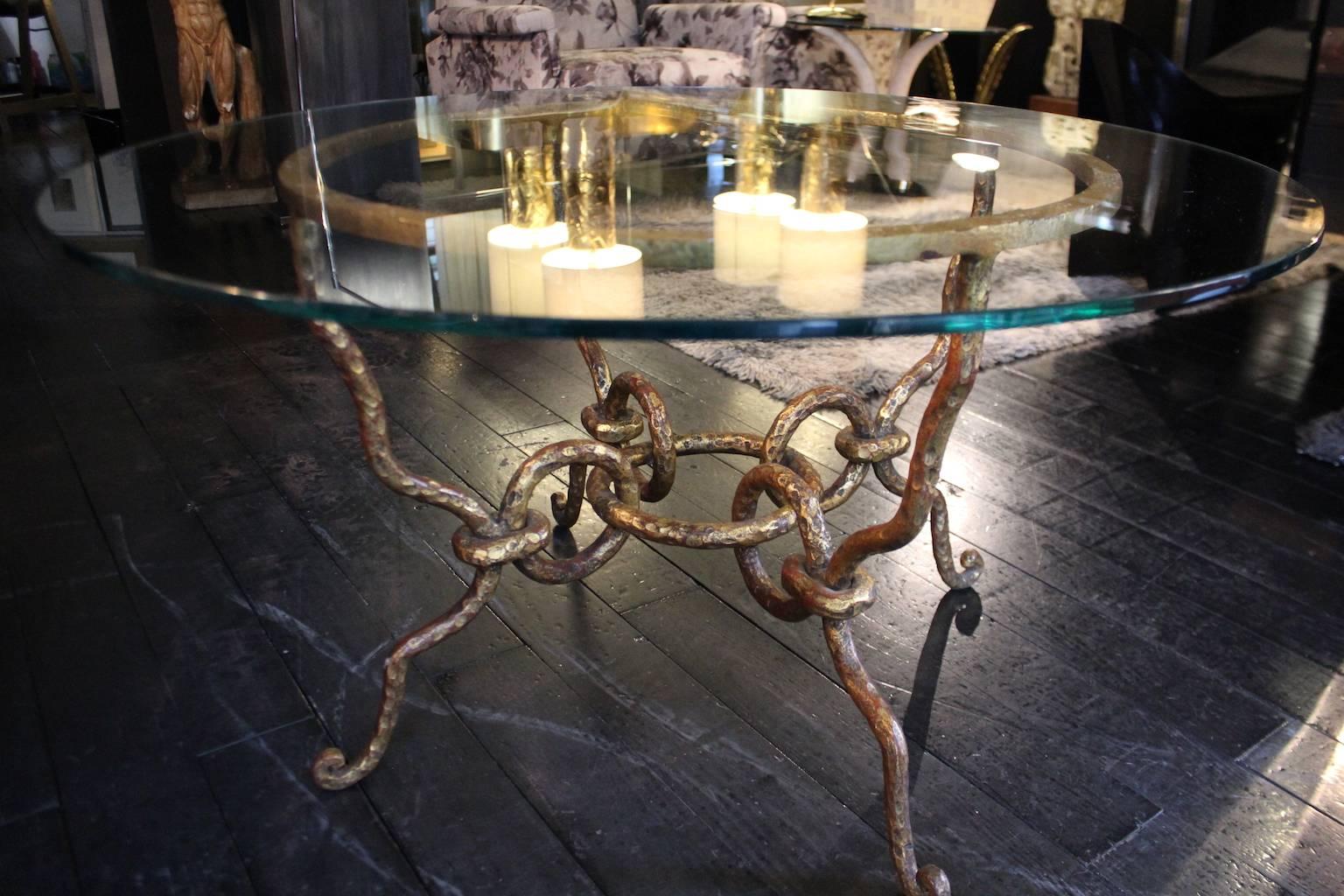 French Gold Round Coffee Cocktail Table Hand Forged Iron Transparent Glass Top, 1940 For Sale