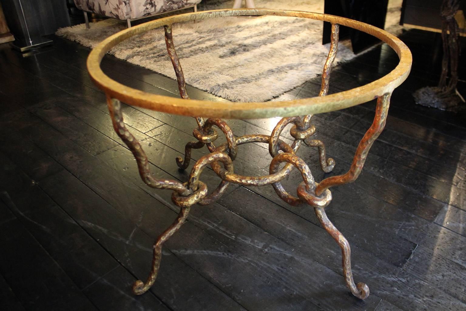 Mid-20th Century Gold Round Coffee Cocktail Table Hand Forged Iron Transparent Glass Top, 1940 For Sale