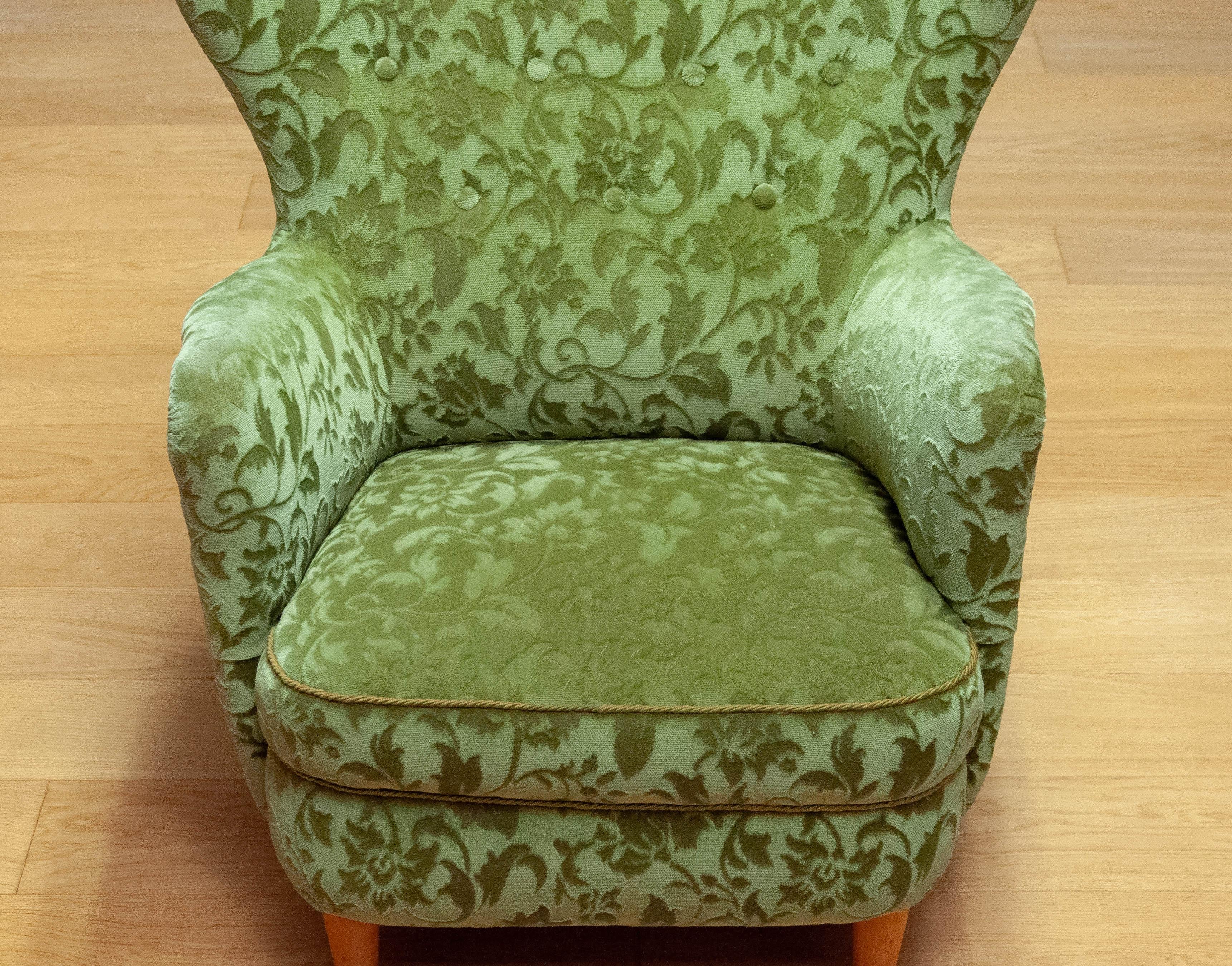 1940 Green Ton Sur Ton Velvet Wingback Club Chair By Ilmari Lappalainen For Asko For Sale 3
