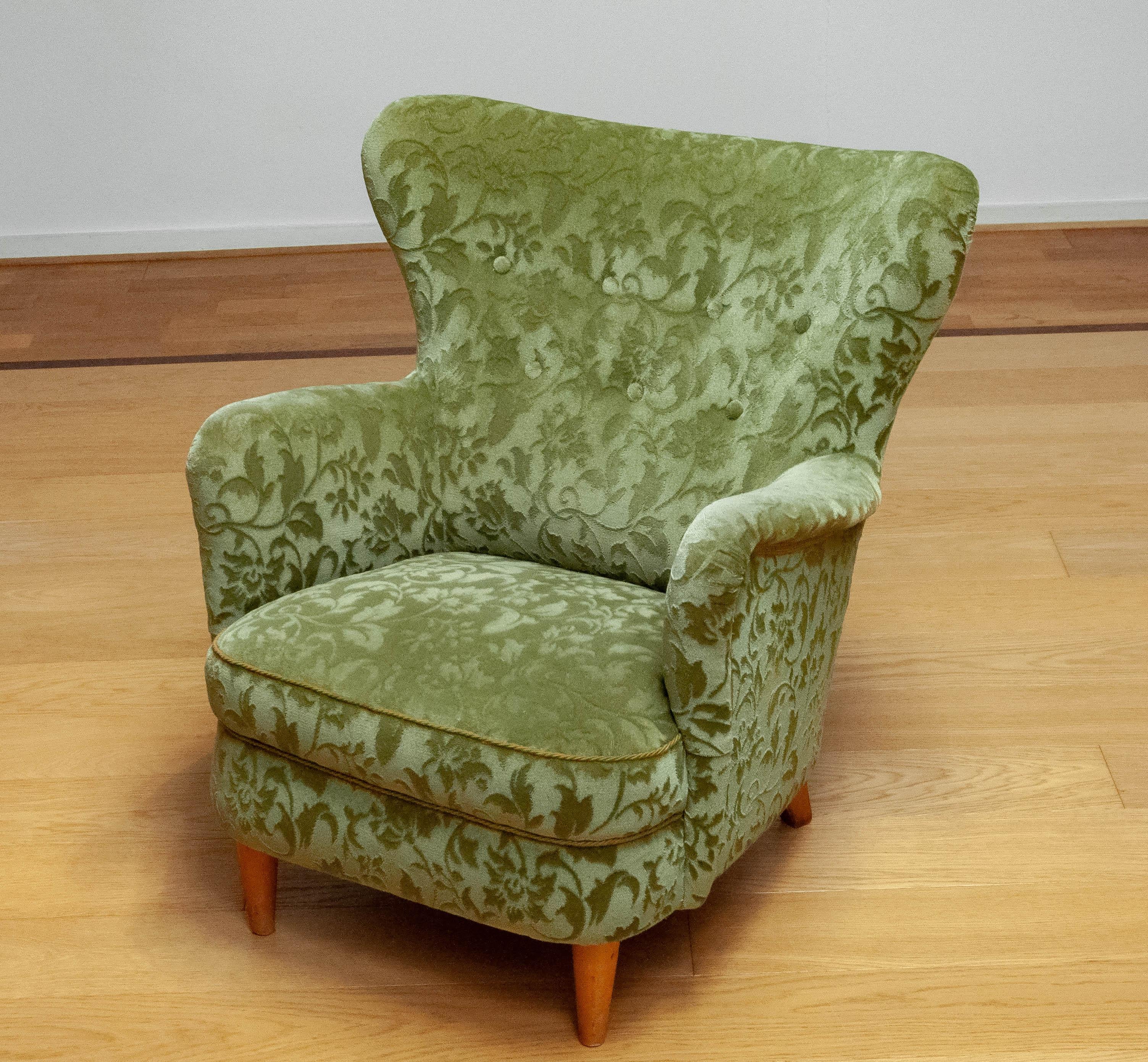 Finnish 1940 Green Ton Sur Ton Velvet Wingback Club Chair By Ilmari Lappalainen For Asko For Sale