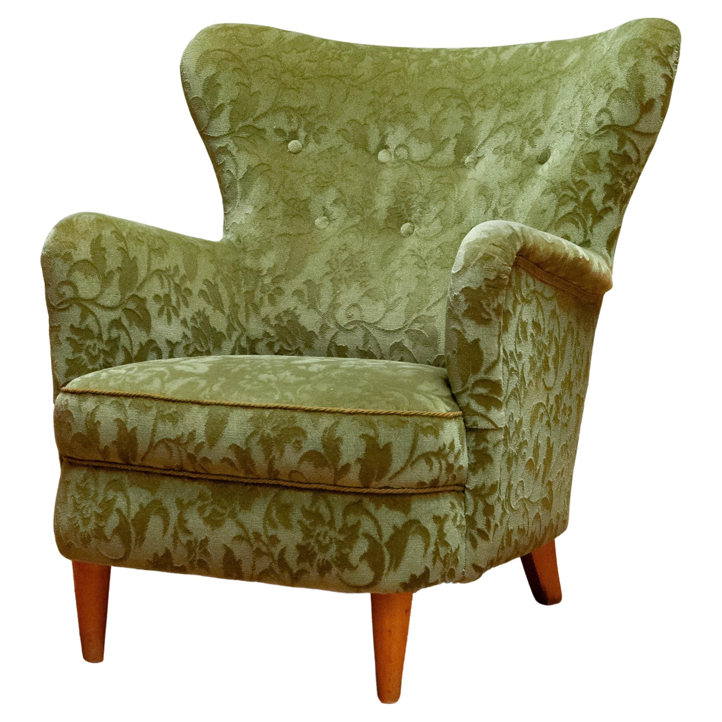 1940 Green Ton Sur Ton Velvet Wingback Club Chair By Ilmari Lappalainen For Asko For Sale