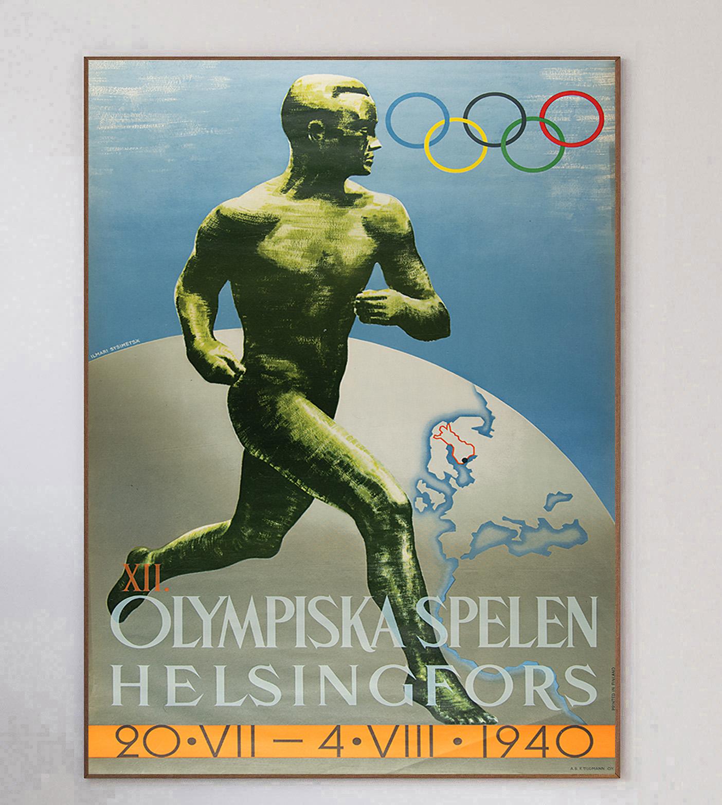 Stunning and exceptionally rare poster for the 1940 Summer Olympic Games in Helsinki, Finland, or the Games of the XII Olympiad. Originally rescheduled, the games were eventually cancelled due to World War II and became the third games to be