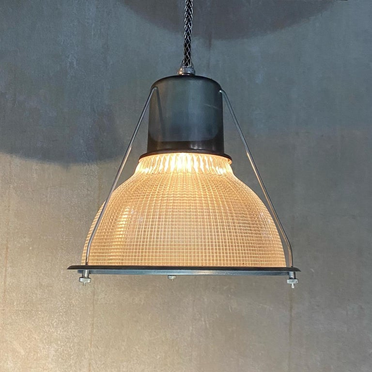 American 1940 Holophane Industrial Quilted Glass Pendant Light Set of 10 For Sale