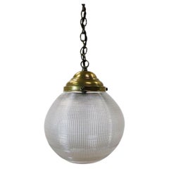 1940 Holophane Prismatic Glass Globe Pendant Light with Brass Fittings