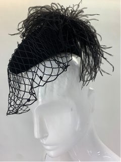 1940 Howard Hodge Black Ostrich Feather Tilt Riding-Style Hat w/ Crochet Veil