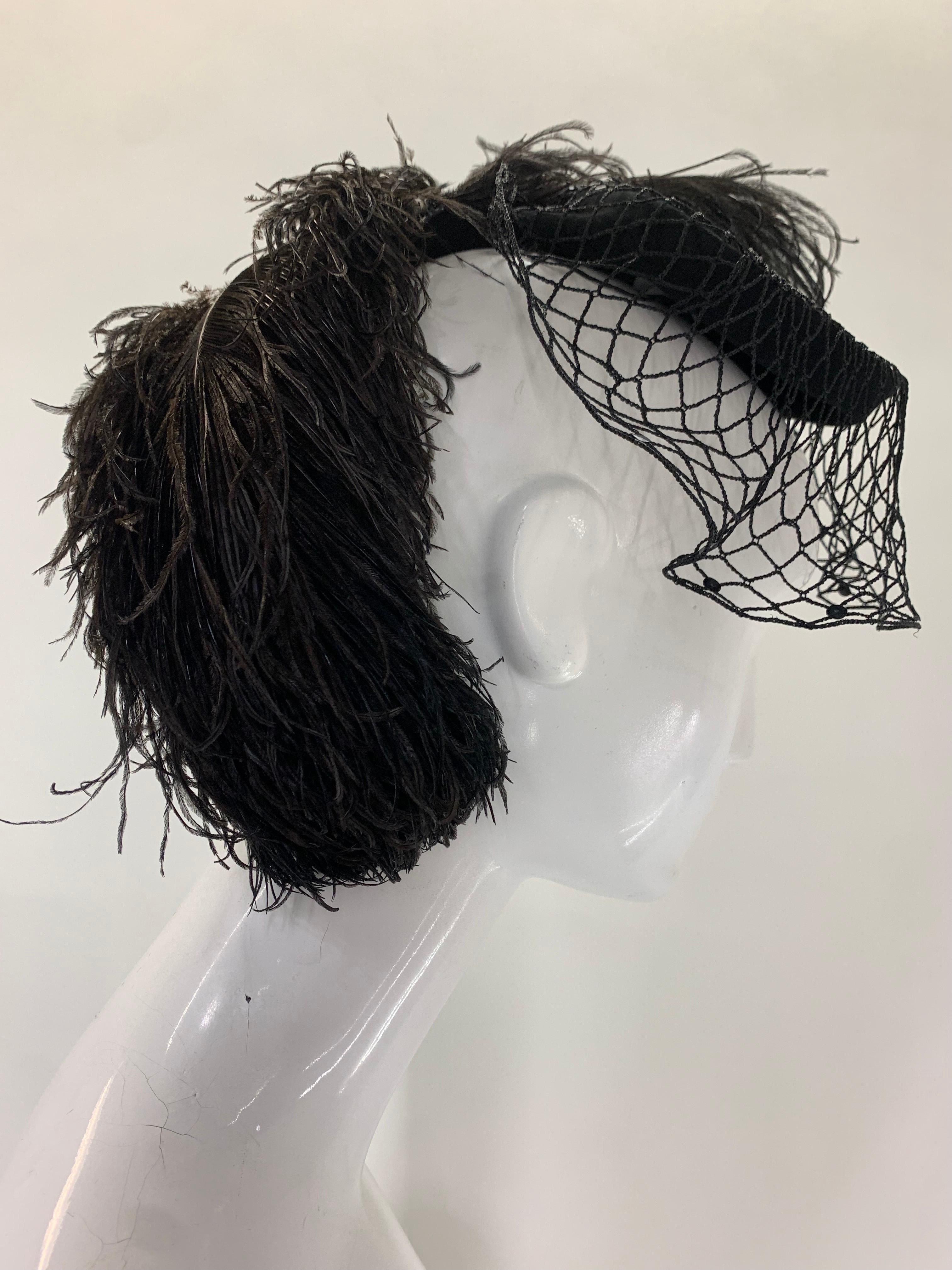 Women's 1940 Howard Hodge Black Ostrich Feather Tilt Riding-Style Hat w/ Crochet Veil For Sale