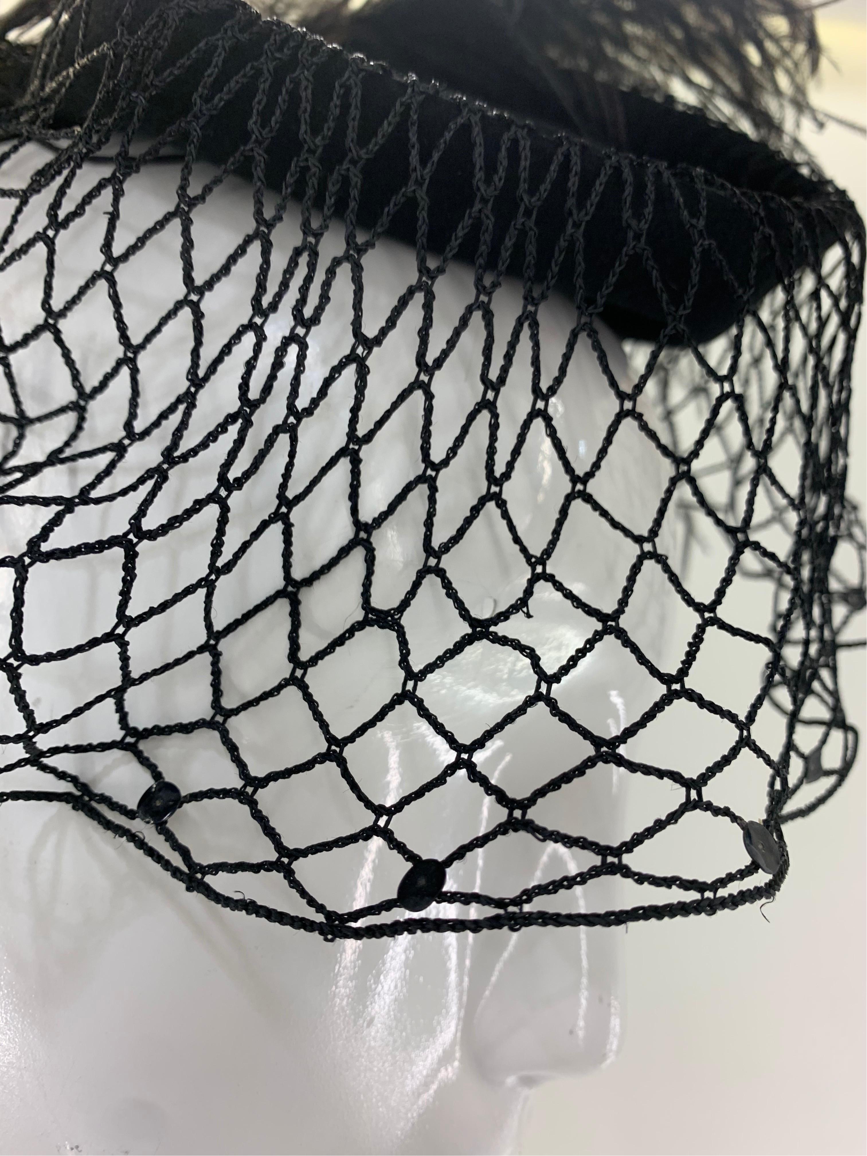 1940 Howard Hodge Black Ostrich Feather Tilt Riding-Style Hat w/ Crochet Veil For Sale 1